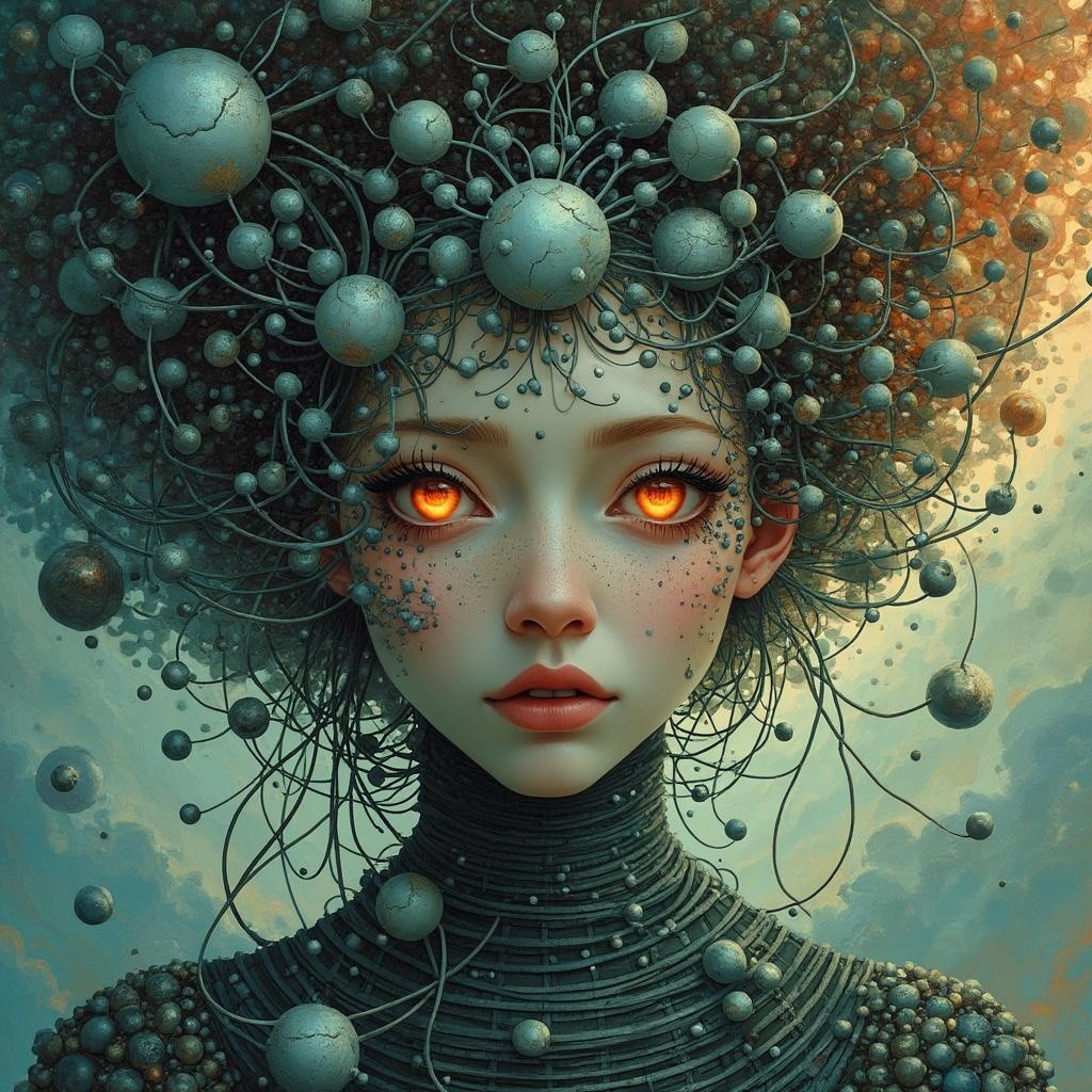 Futuristic female figure with orange eyes and unique hairstyle