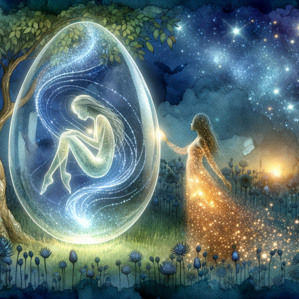 Translucent Egg with Ethereal Figure in Mystical Landscape