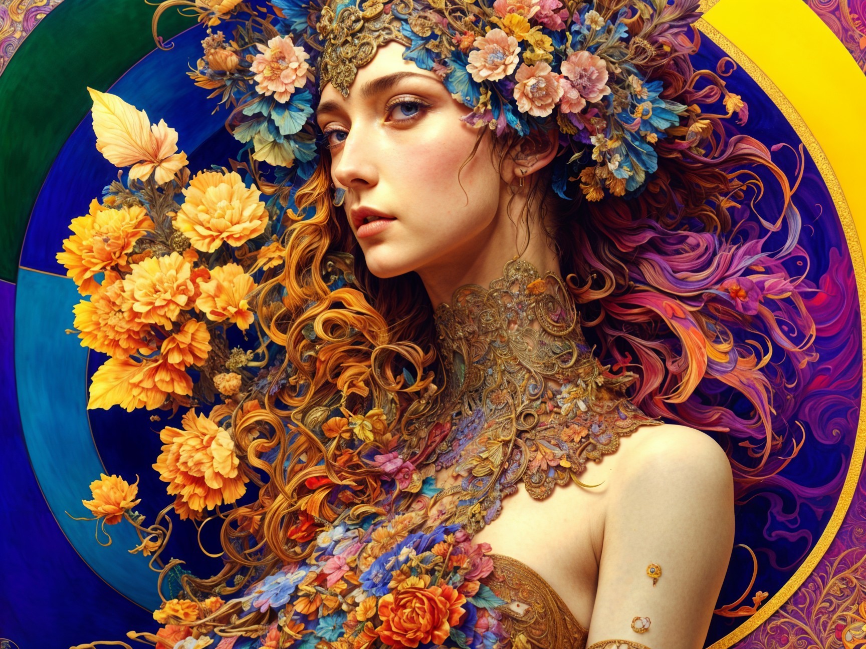 Portrait of a woman with flowers and intricate patterns