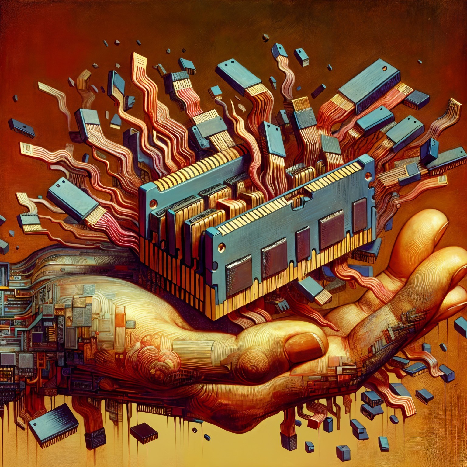 Artistic Hand Holding Computer Memory Chip with Swirls