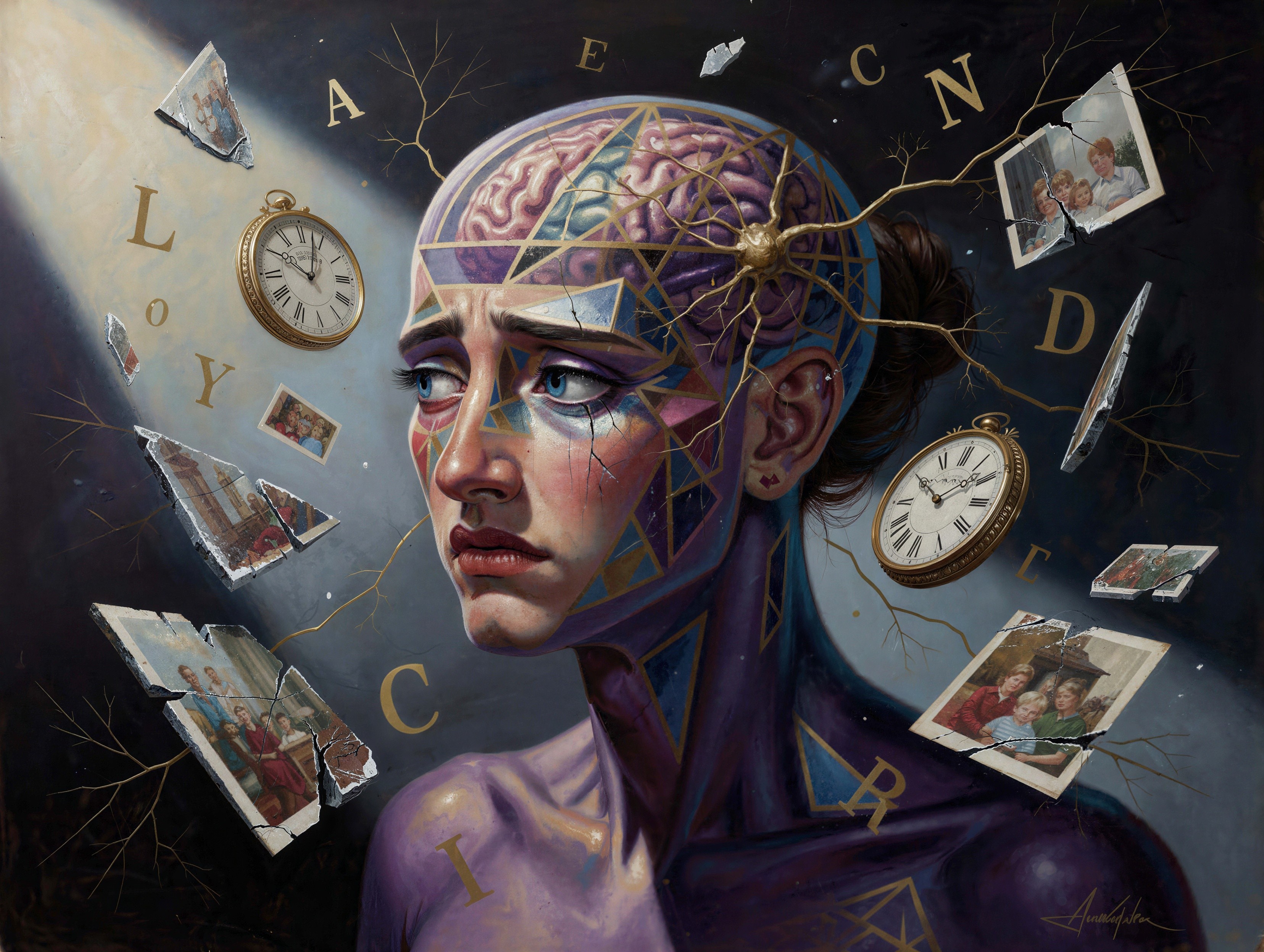 Oil Painting of a Woman with a Broken Face and Brain
