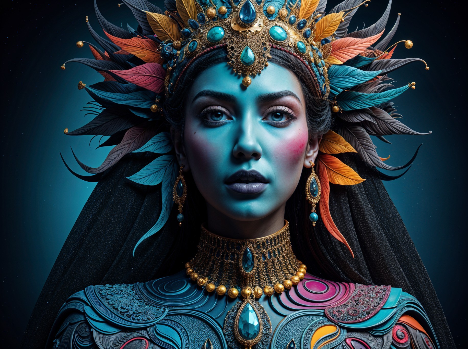 Vibrant Woman with Colorful Feather Headwear and Makeup