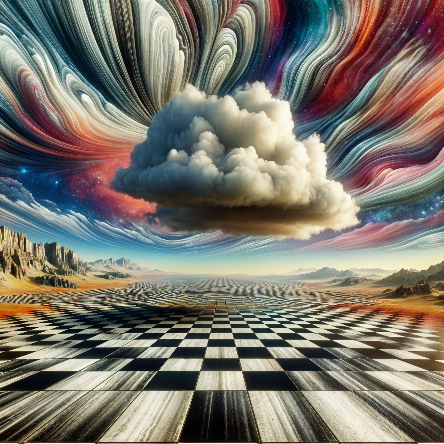 Surreal Landscape with Checkerboard Ground and Cosmic Sky