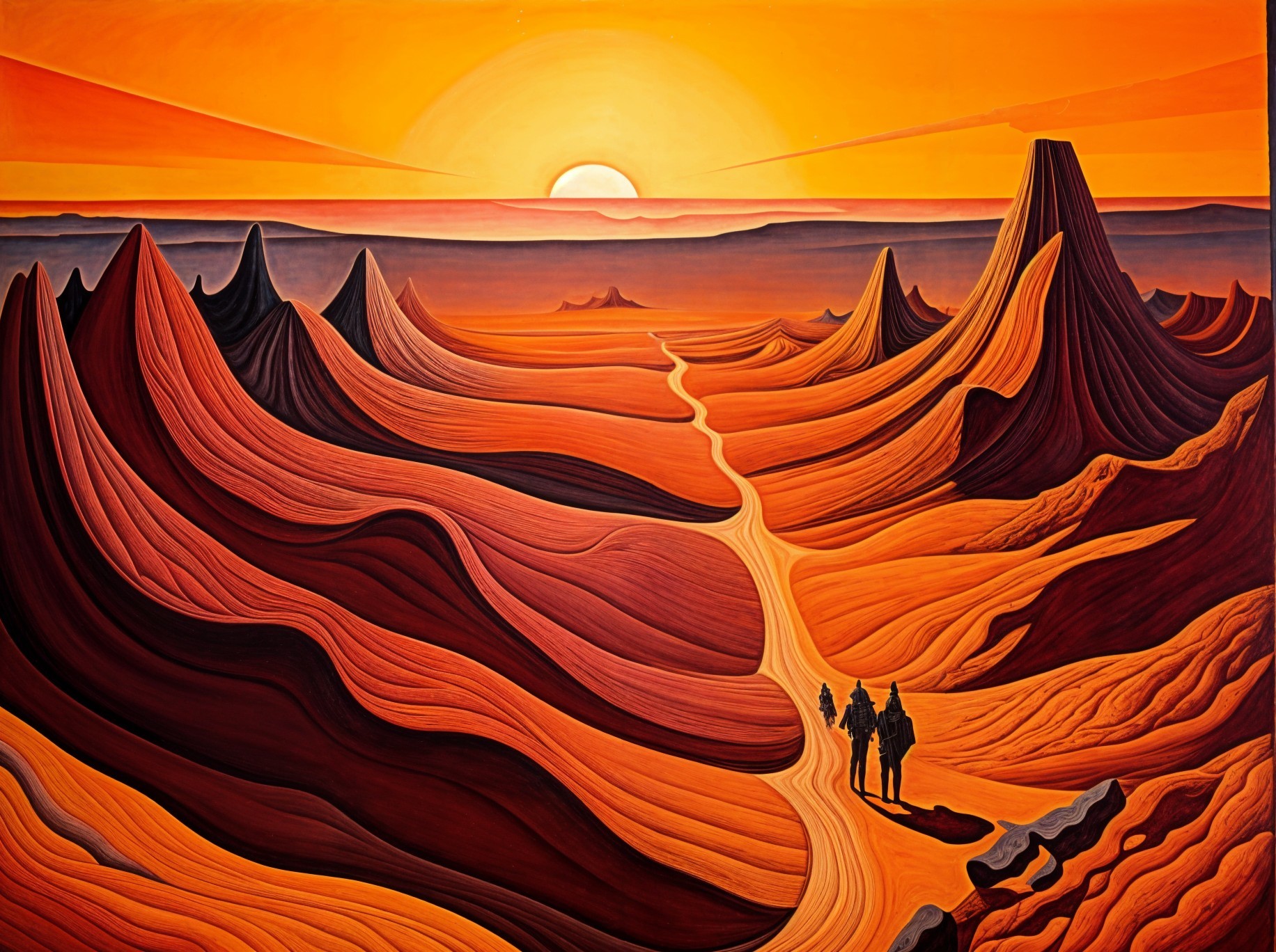 Vibrant Sunset Over Surreal Desert Landscape with Figures