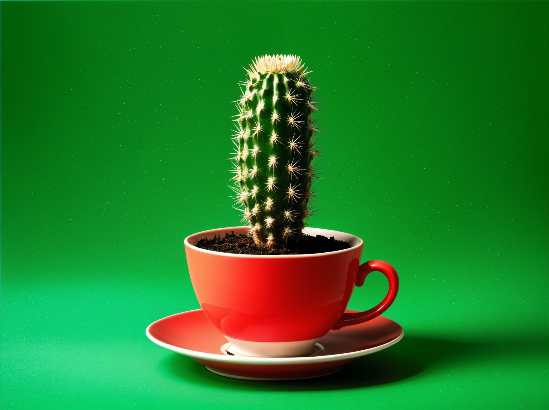 Cactus in Red Coffee Cup on Green Background