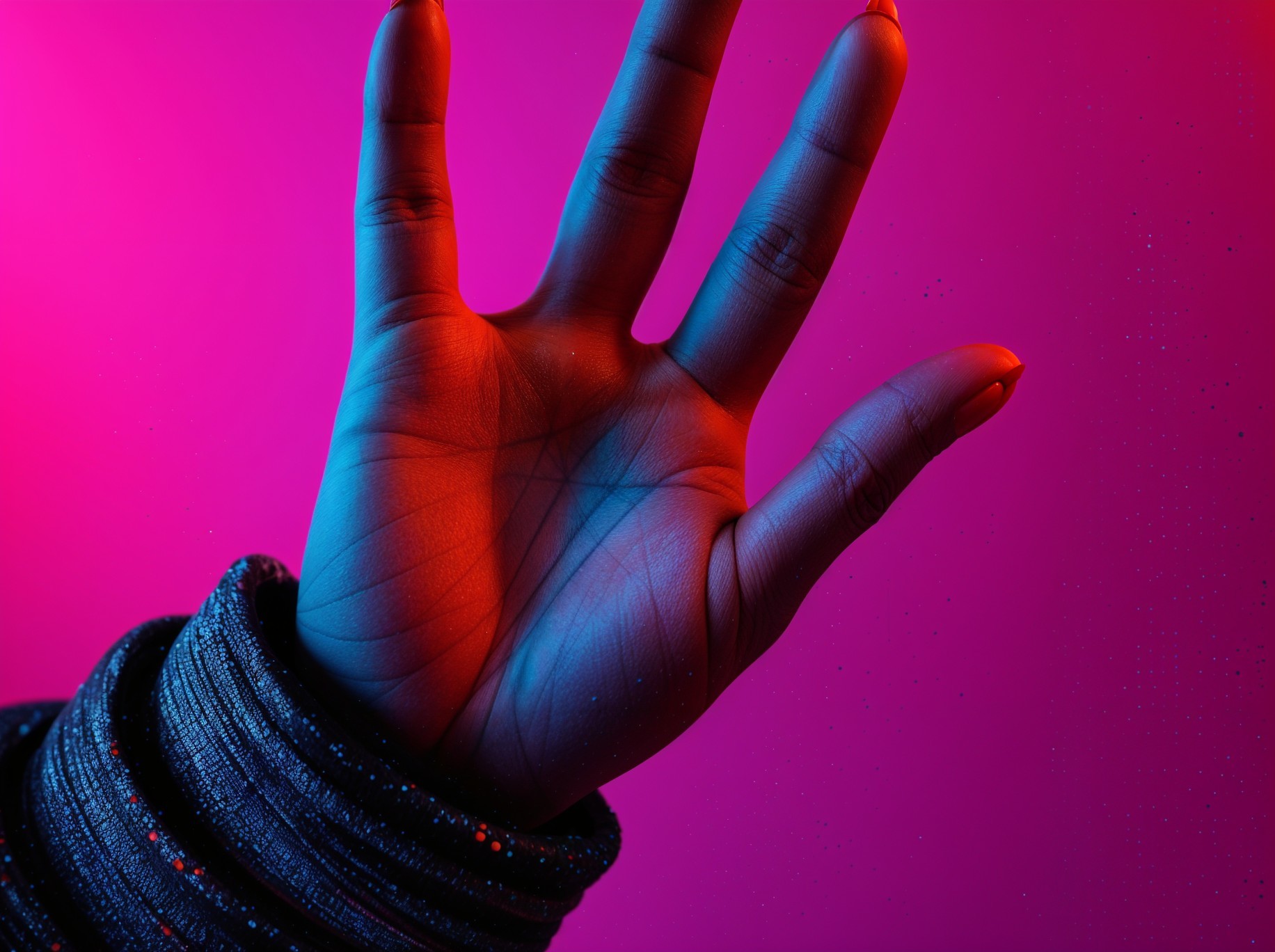 Close-up of an illuminated hand on gradient background