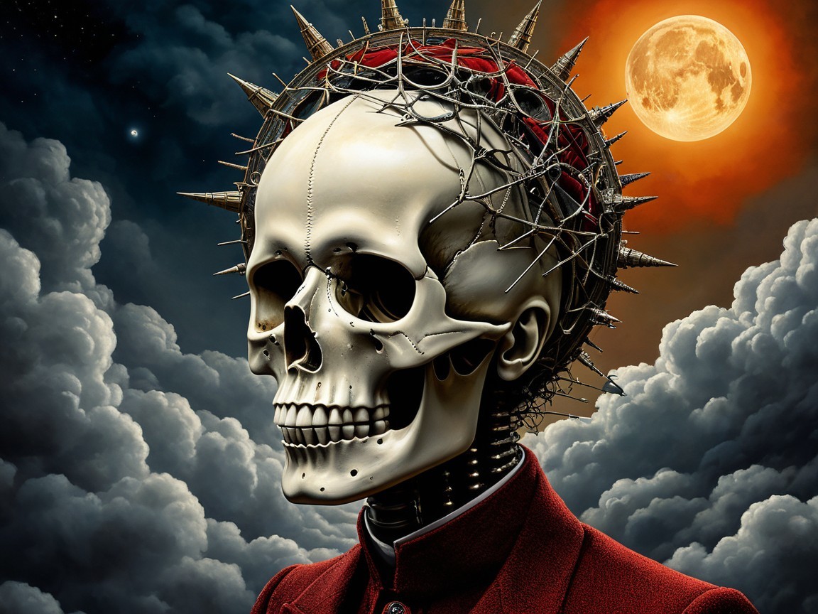Stylized Skull with Crown of Thorns and Moonlit Sky