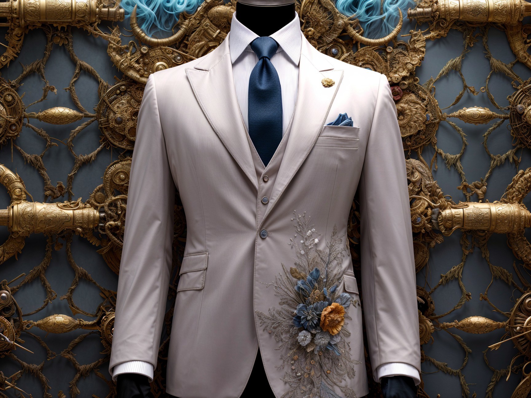 Light-Colored Suit with Floral Embroidery Displayed
