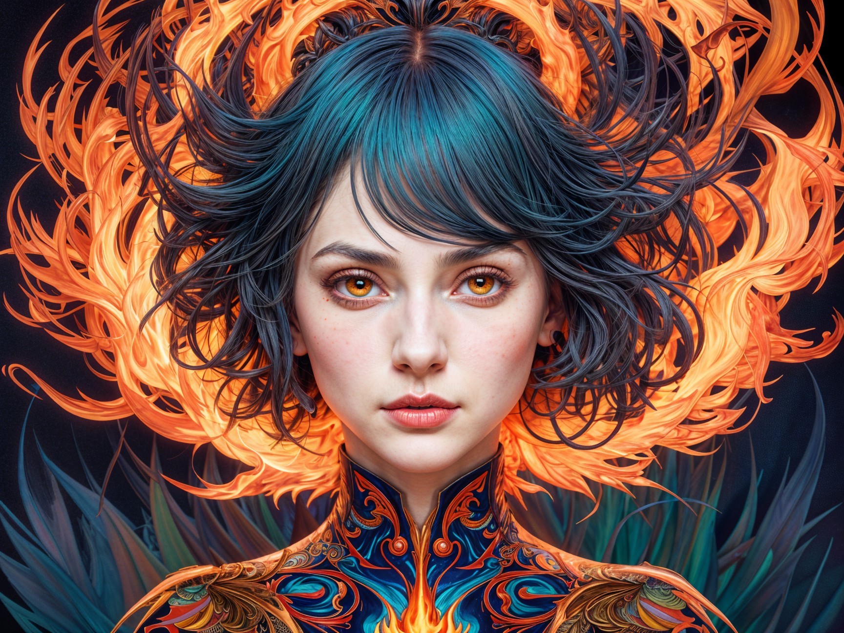 Portrait of a Young Woman with Turquoise Hair and Flames