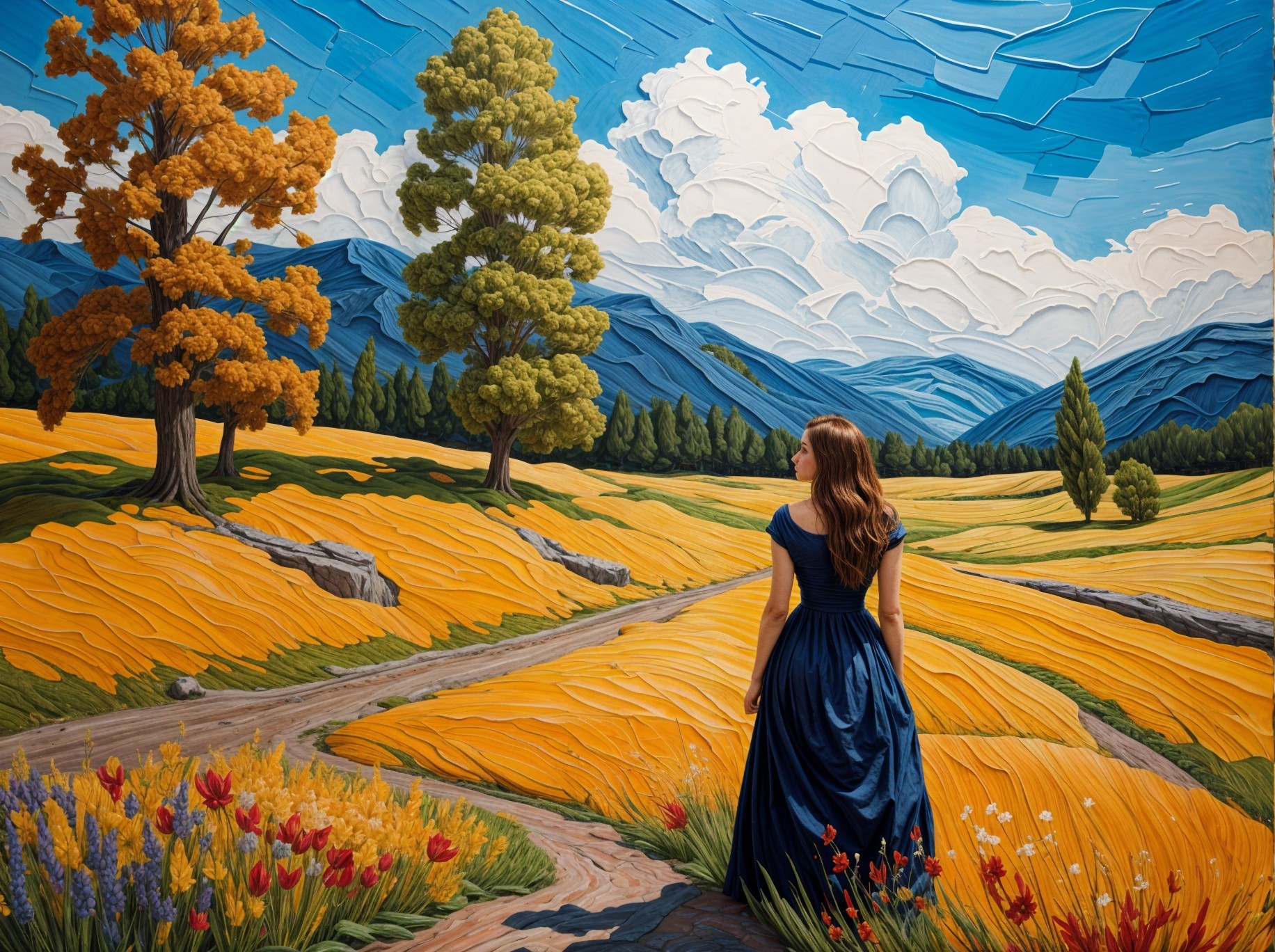 Young Woman in Blue Dress Overlooking Vibrant Landscape