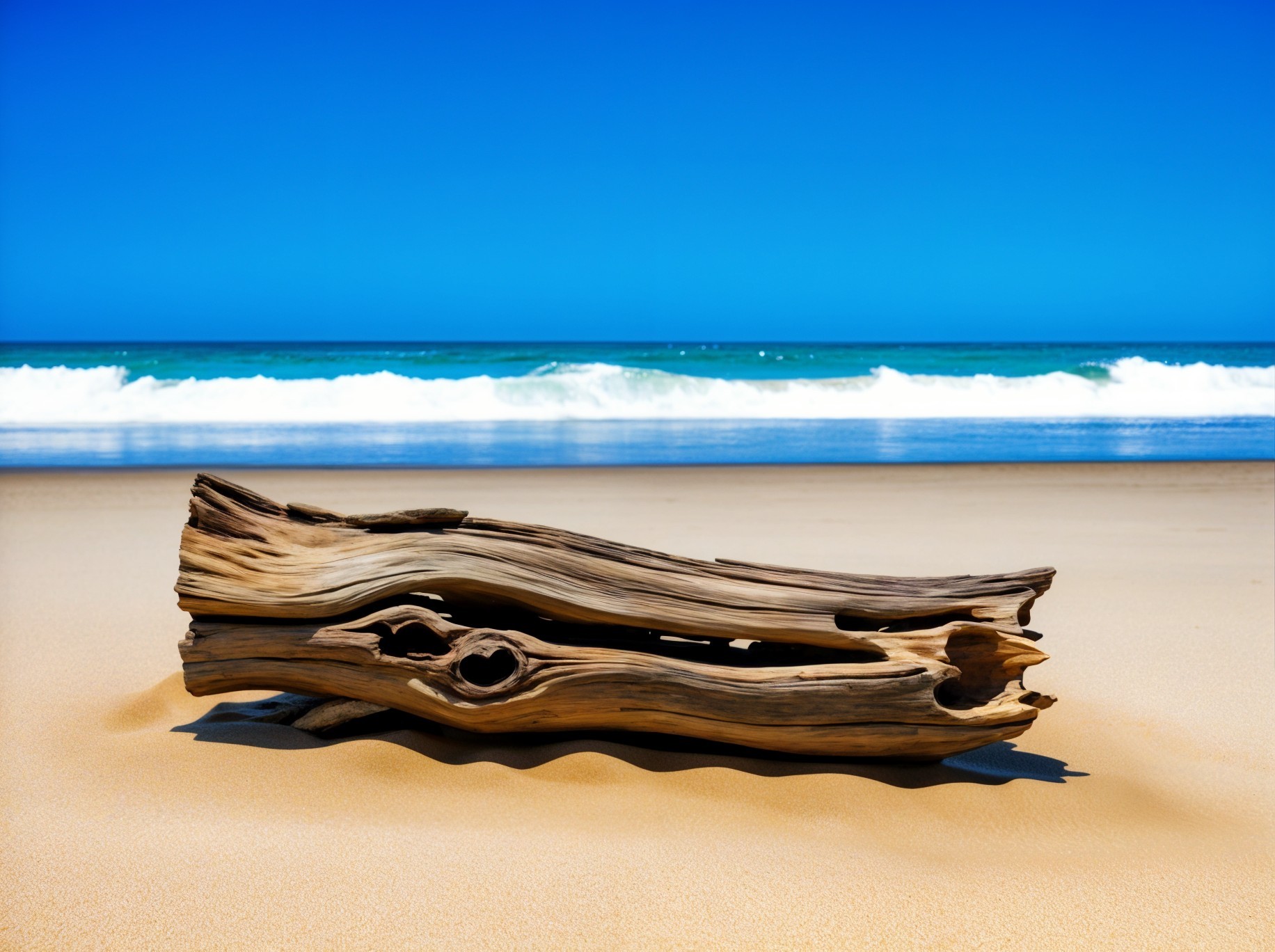 Driftwood on Sandy Beach with Ocean Waves and Sky