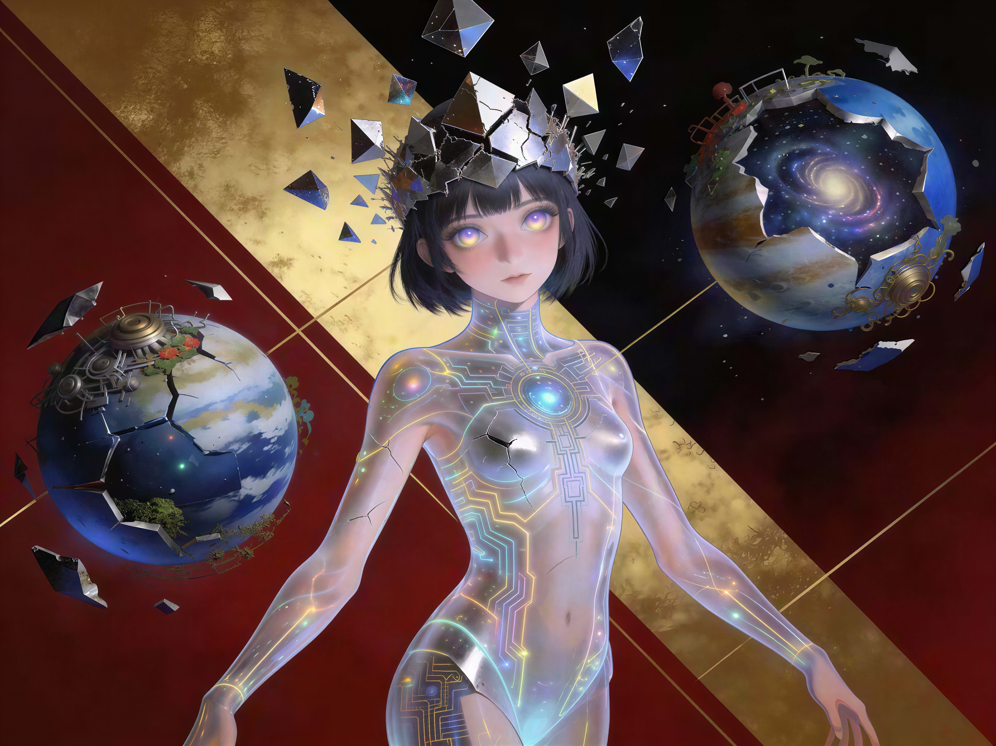 Digital art of a girl with glowing eyes and planets
