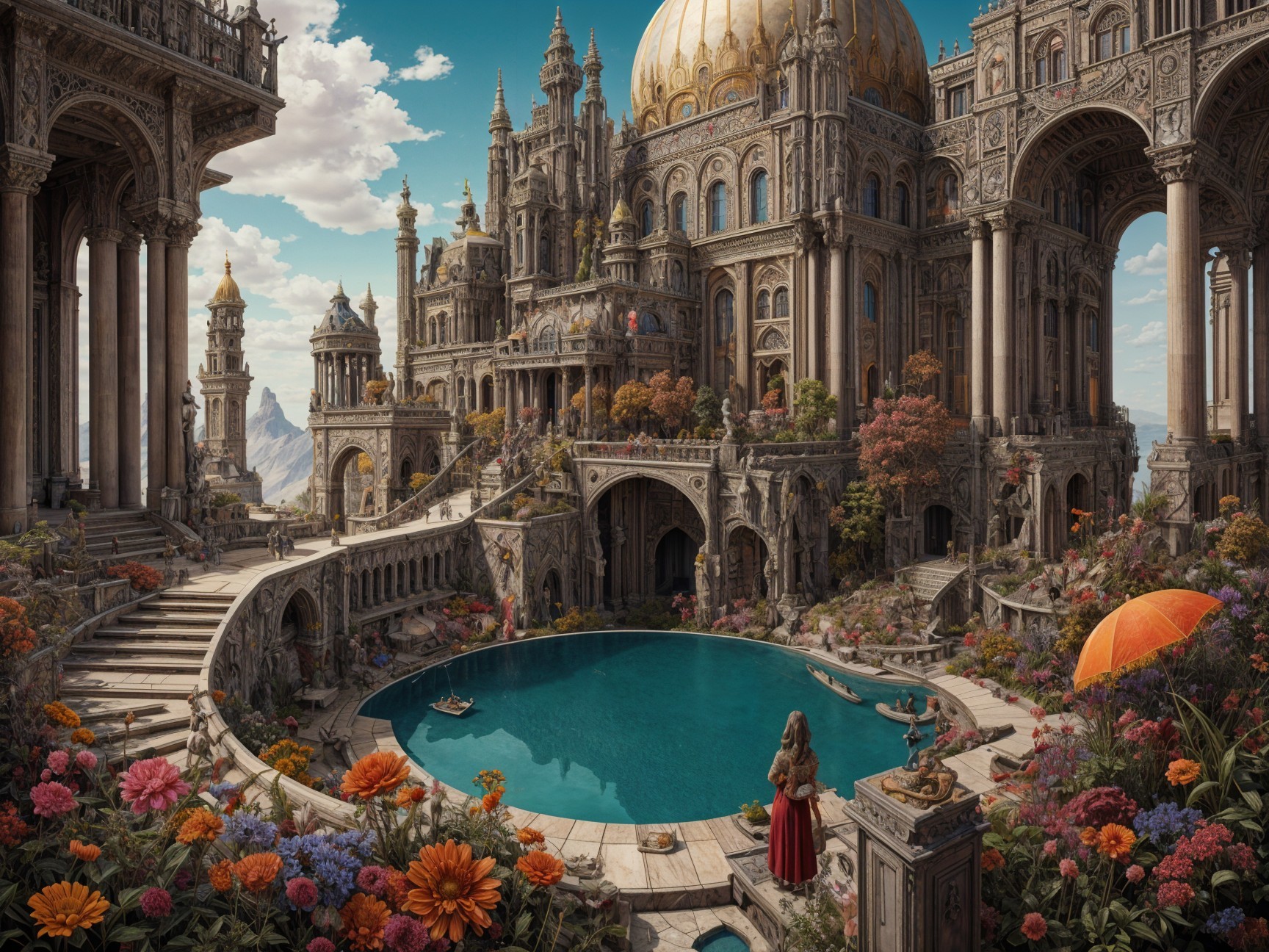 Ornate palace with gardens and turquoise pool scene