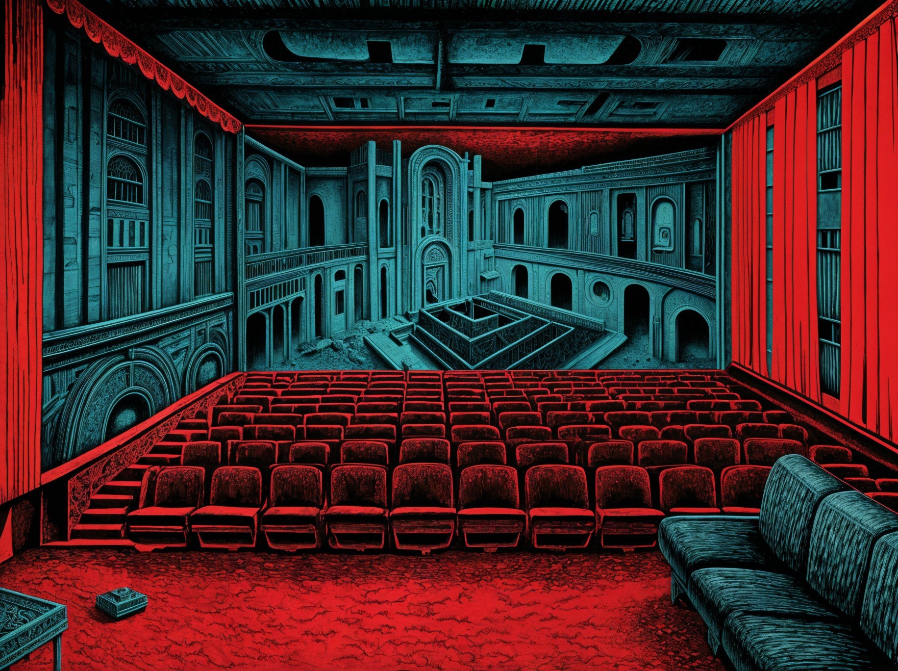 Surreal Theater Interior with Empty Seats and Stage