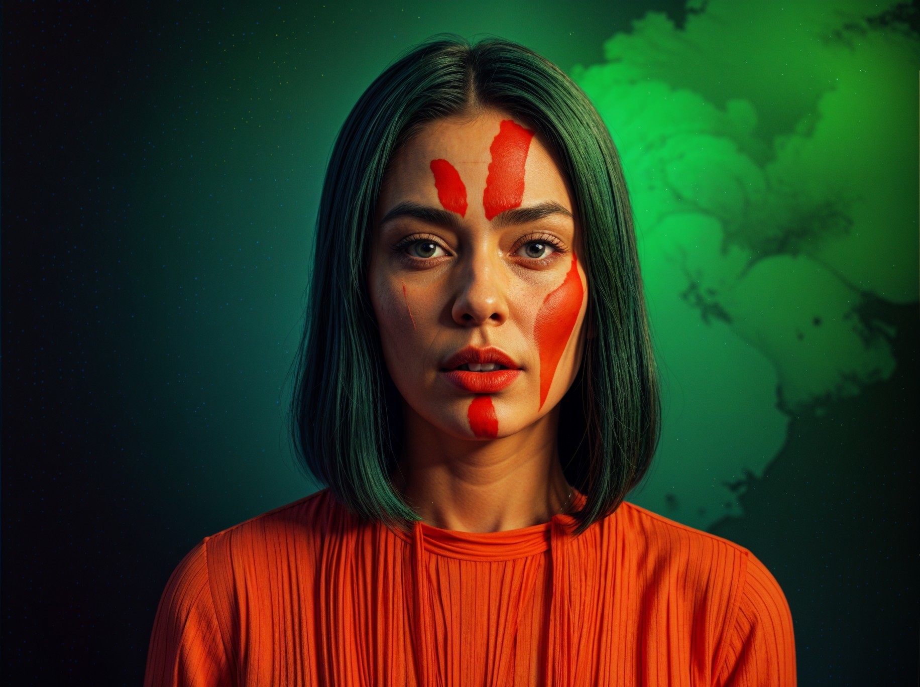 Portrait of a Woman with Green Hair and Facial Paint