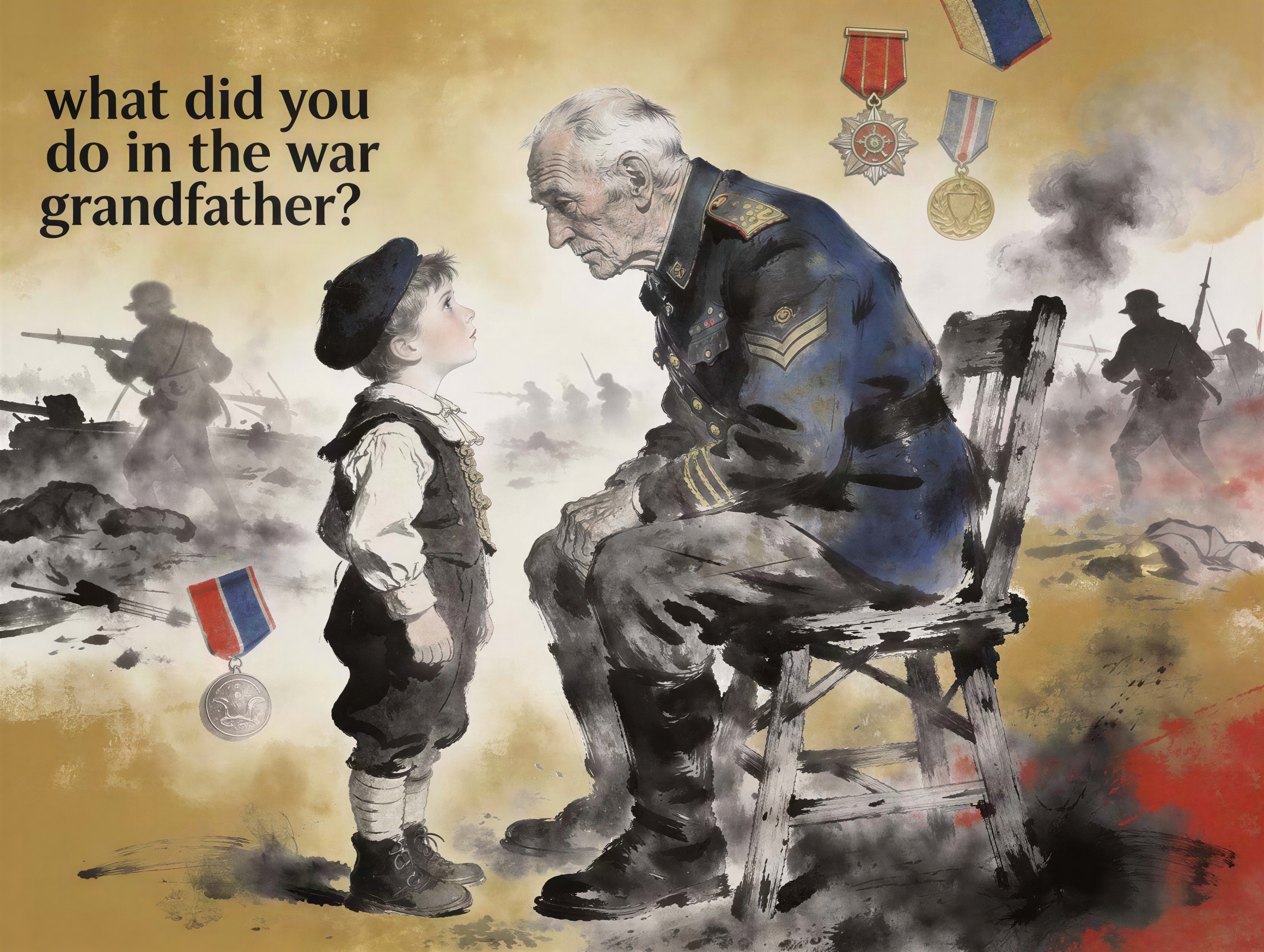 Grandfather in Military Uniform with Boy and Medals