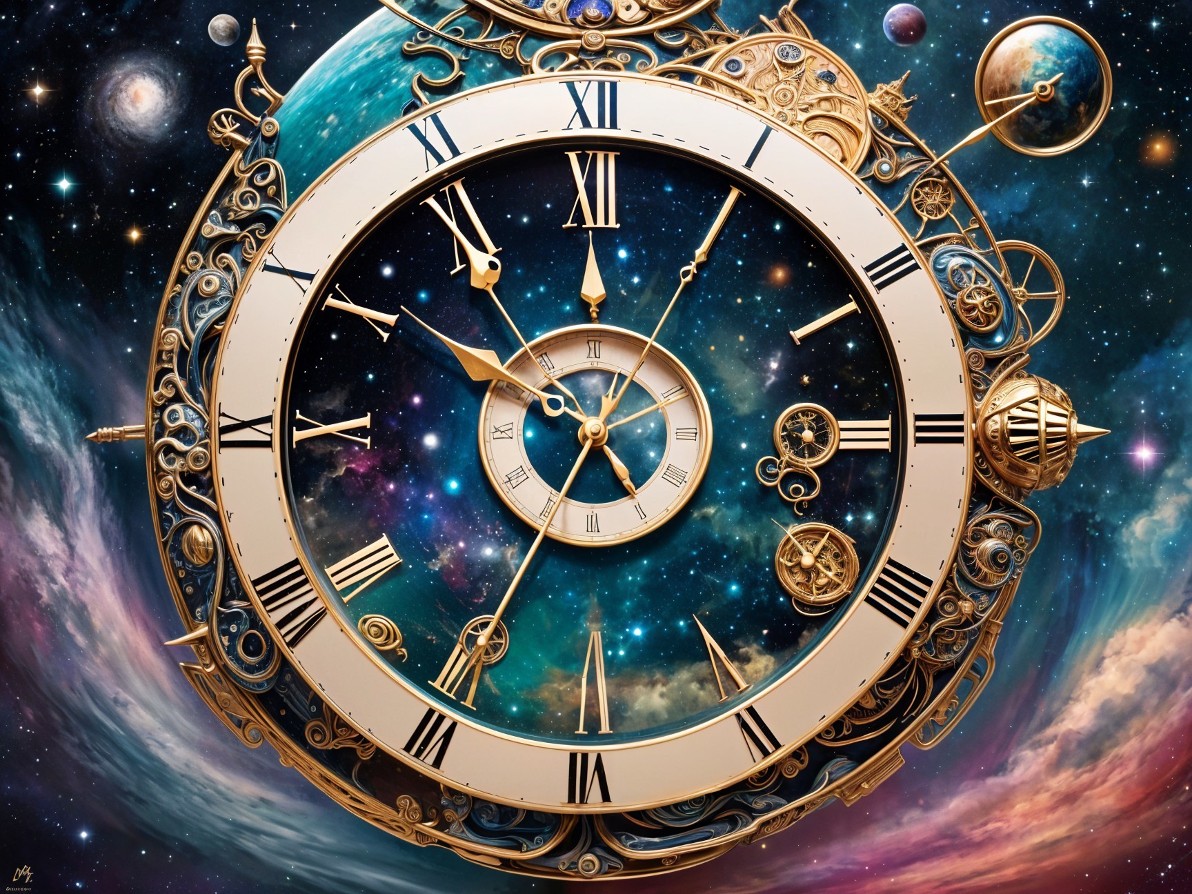 Ornate Clock with Cosmic Background and Roman Numerals