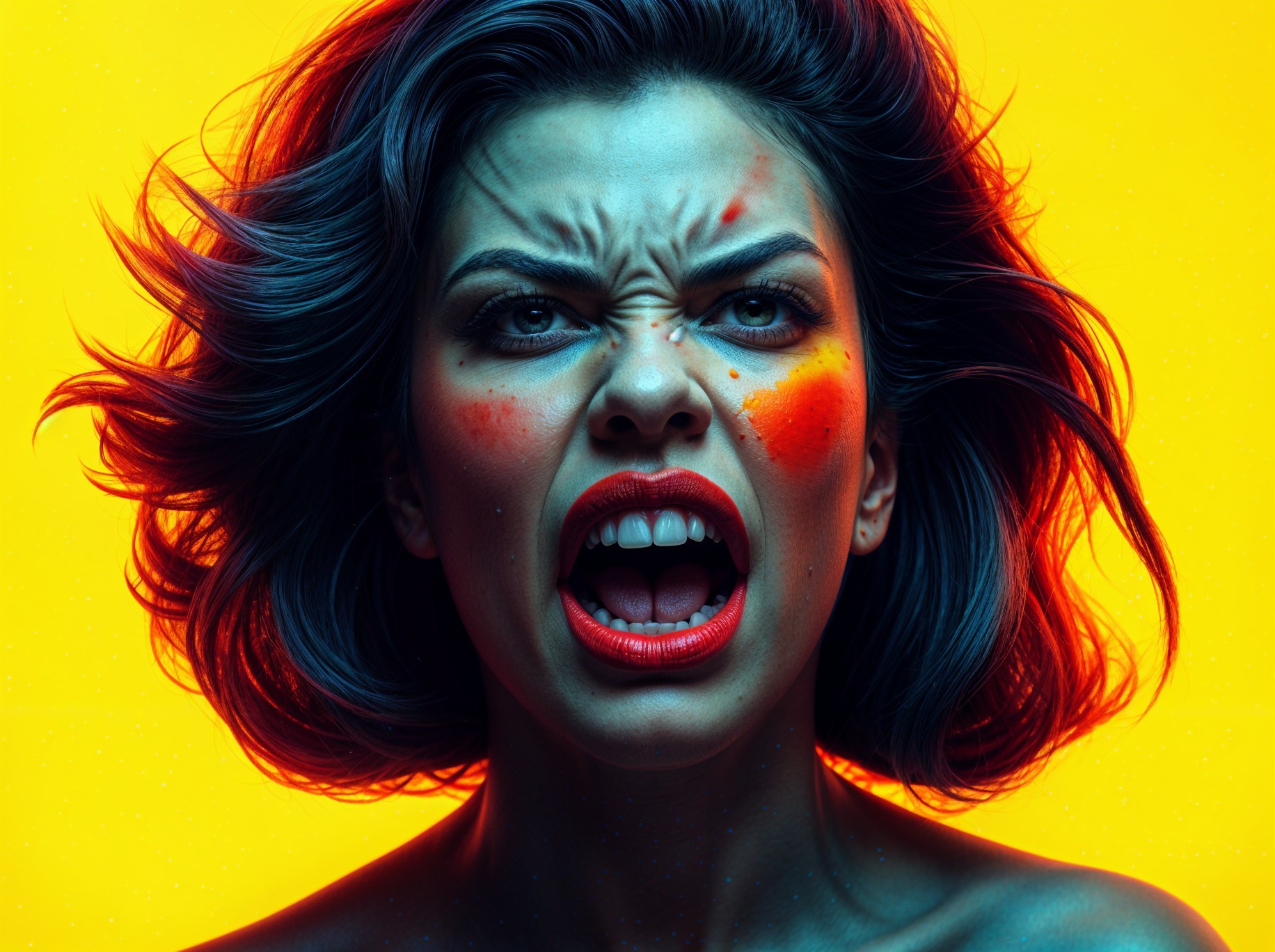 Woman Screaming with Colorful Hair and Bright Background