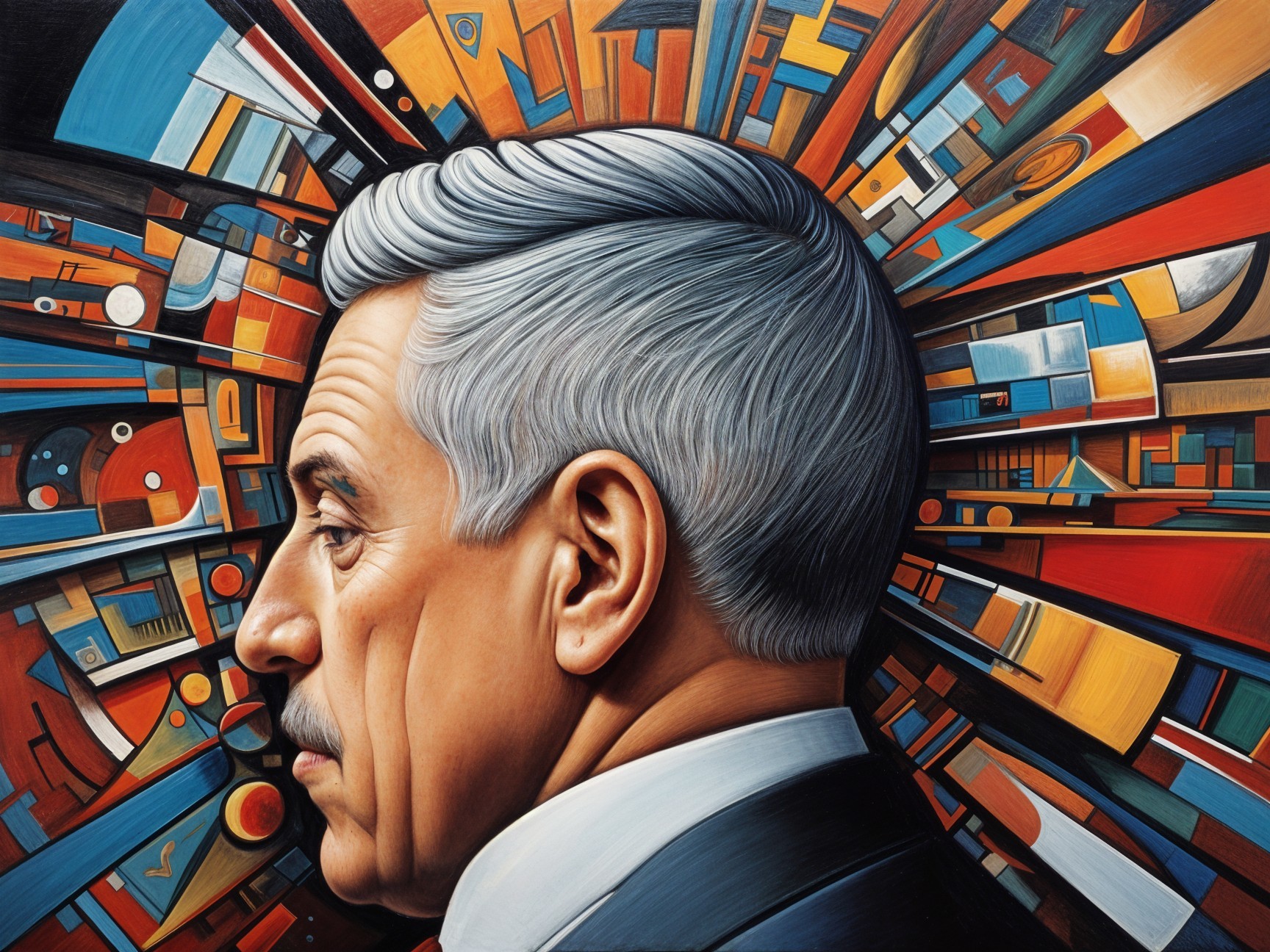 Side Profile of Man with Gray Hair and Abstract Background