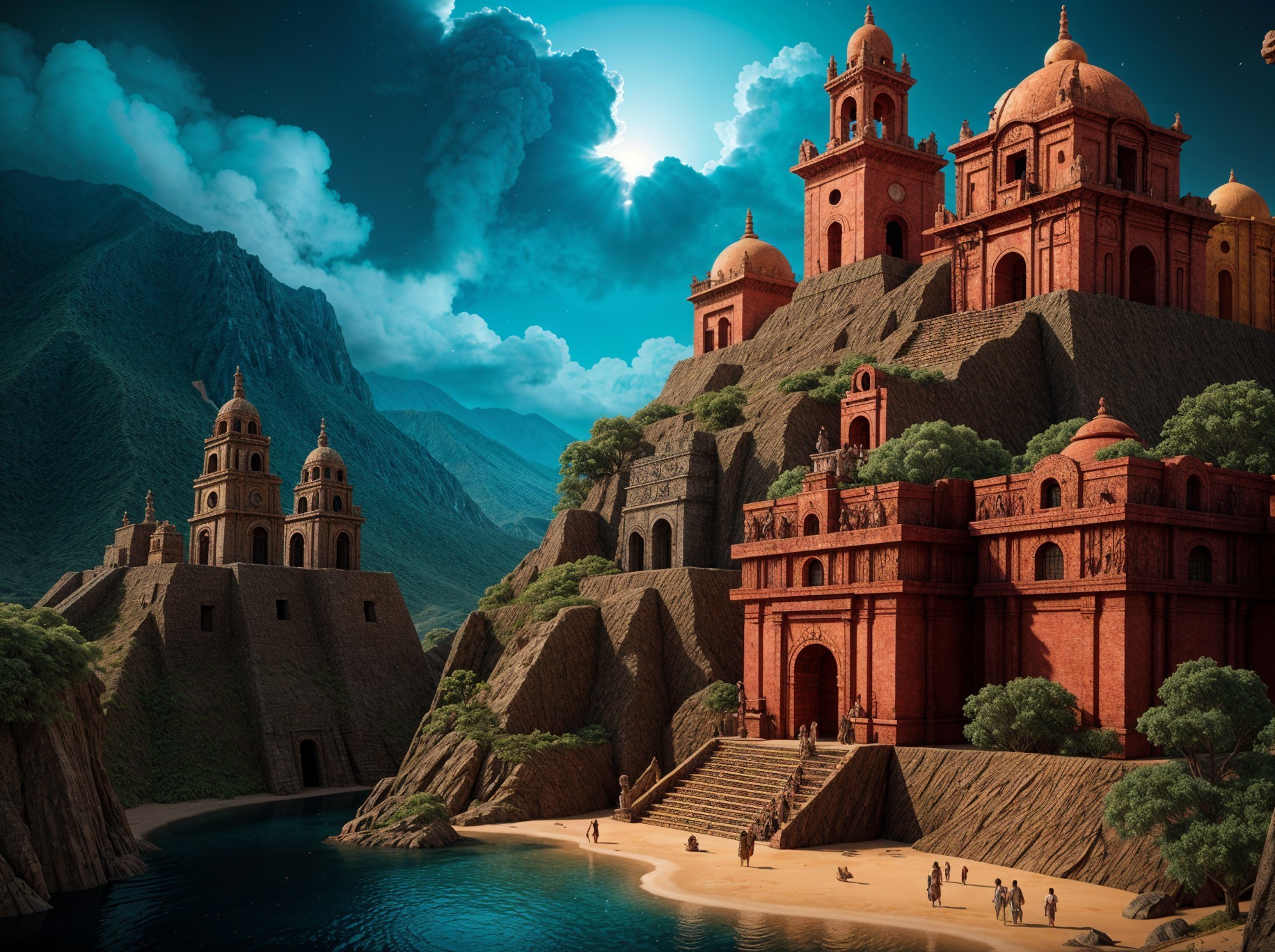 Majestic Red Temples Amidst Lush Mountain Landscape