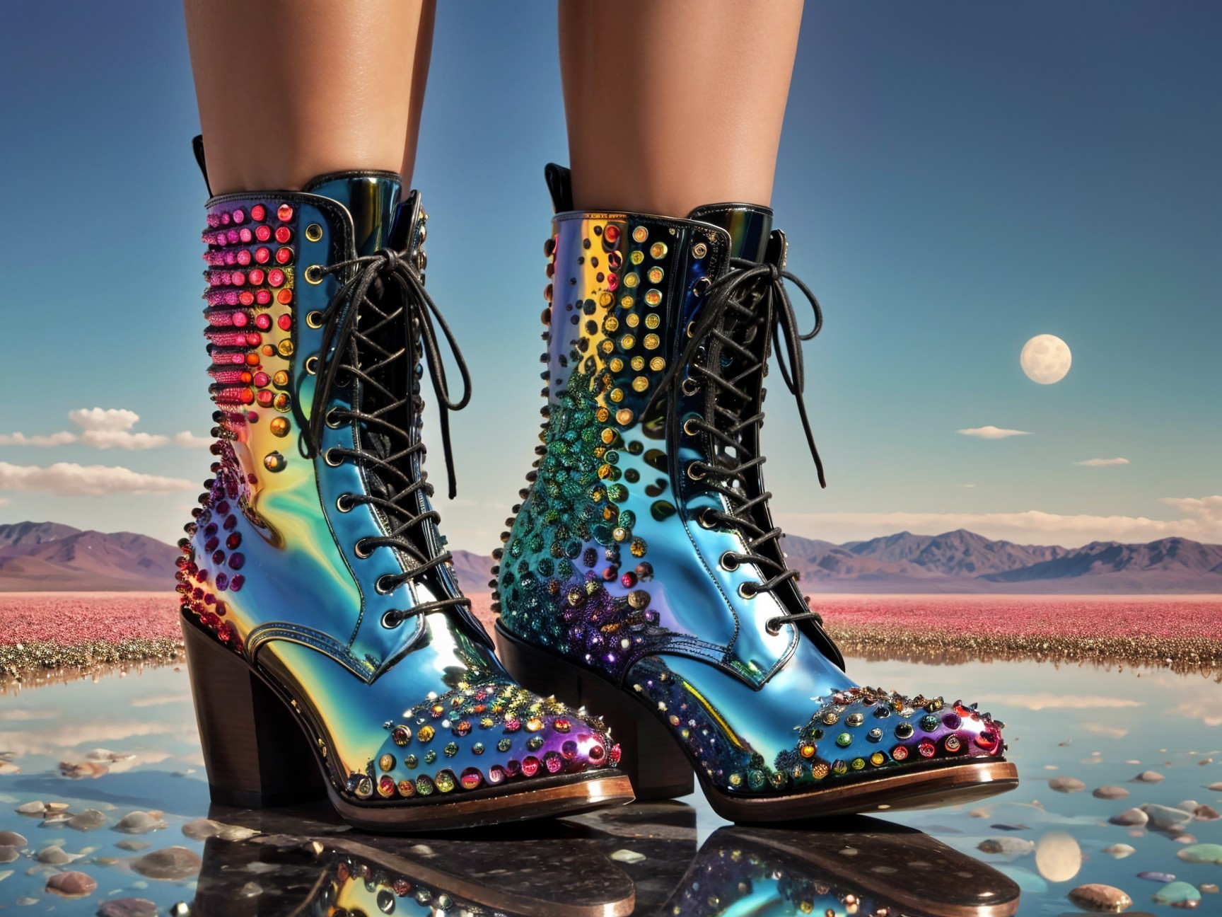 Iridescent Lace-Up Boots with Colorful Studs Displayed