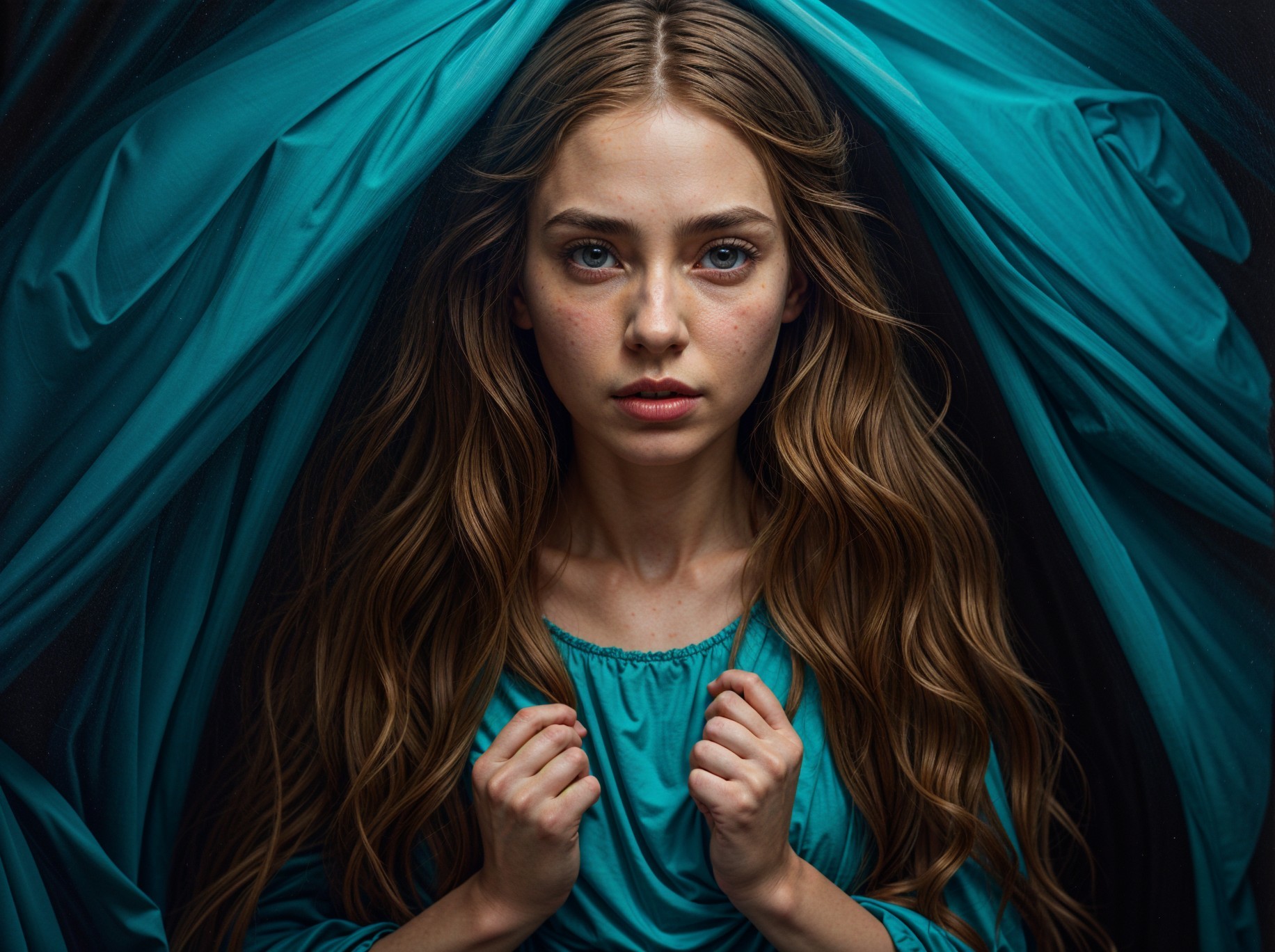 Young woman in turquoise top with serene expression