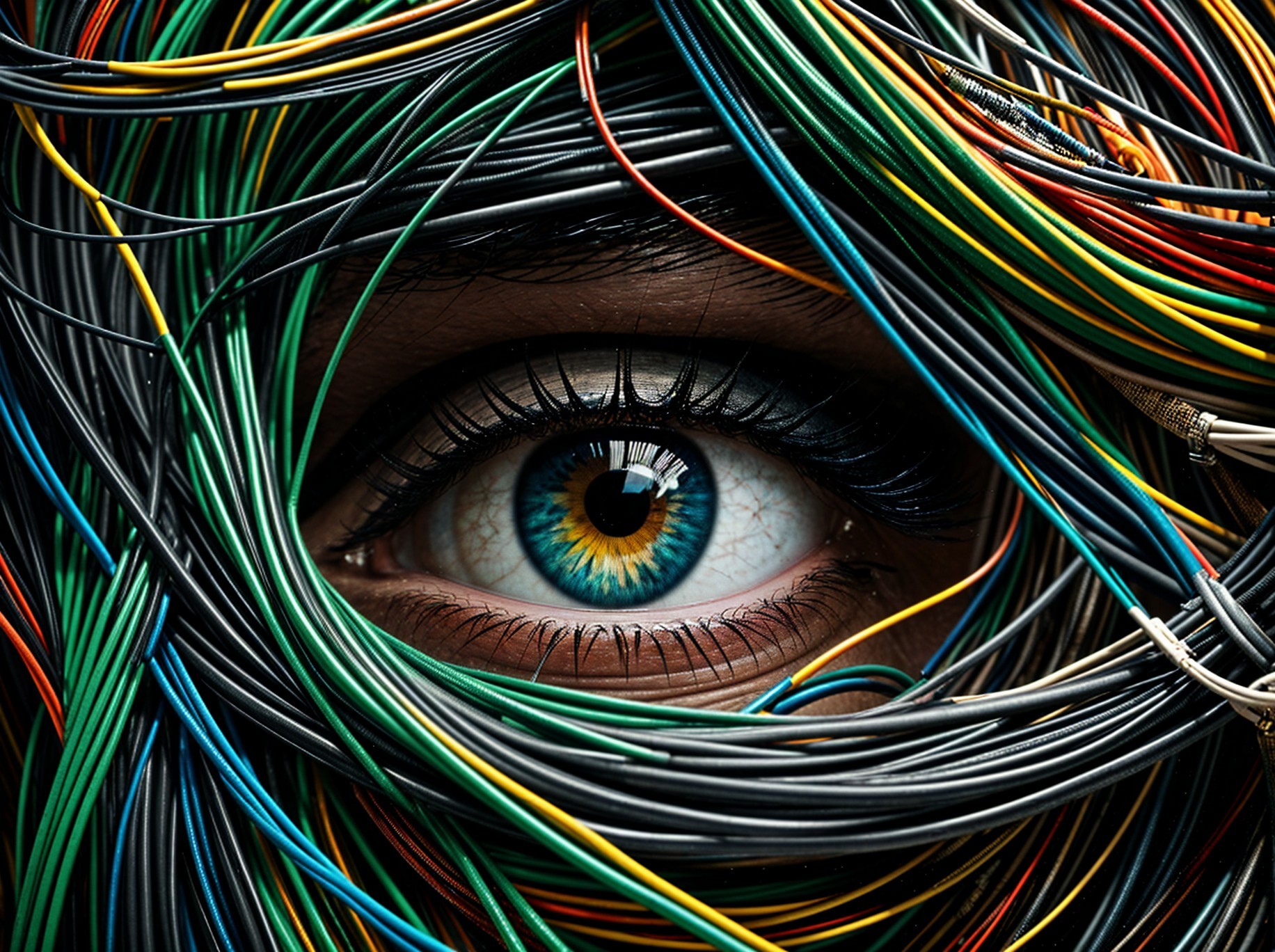 Close-Up of Human Eye with Colorful Wires Background