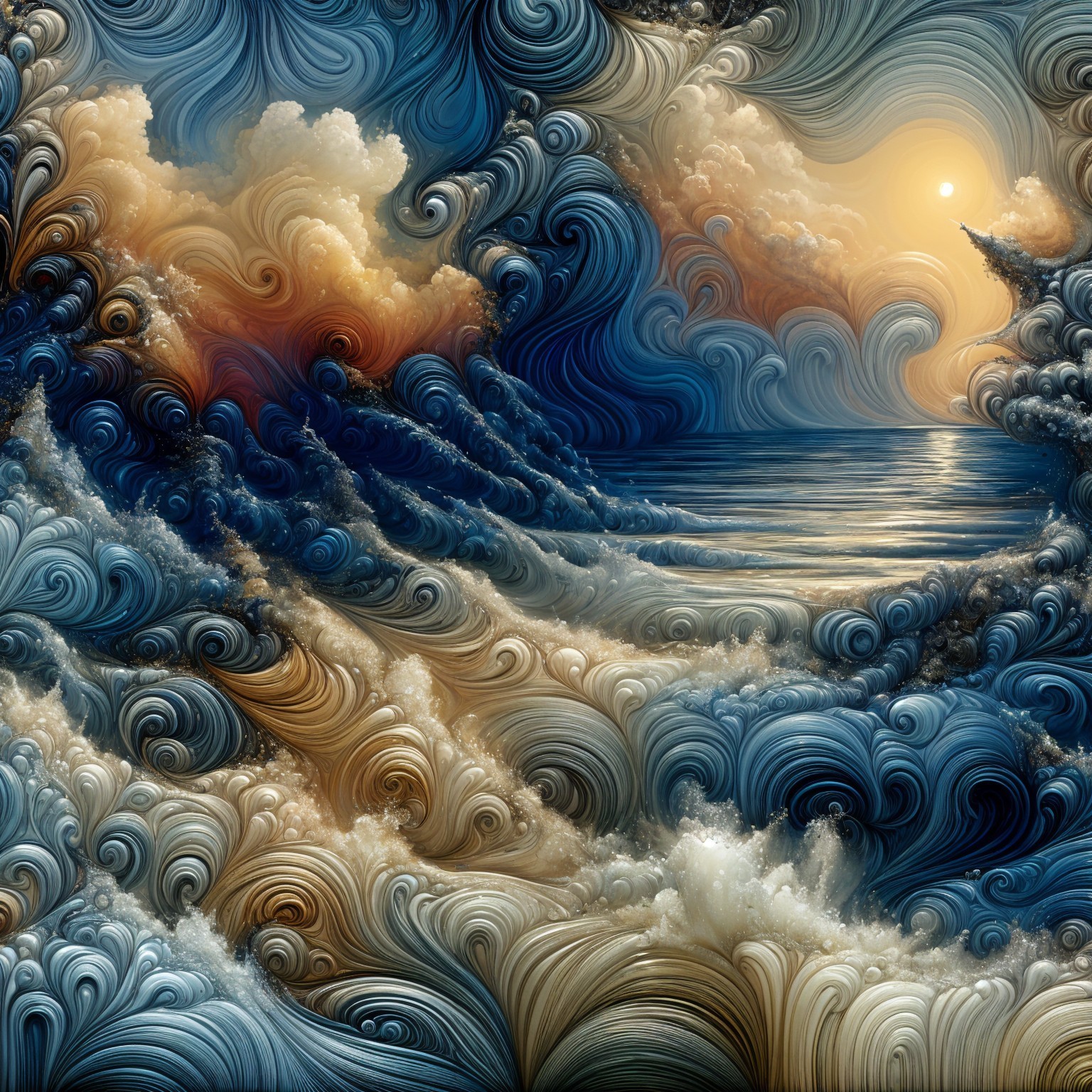 Vibrant Seascape with Dramatic Waves and Sunset Glow