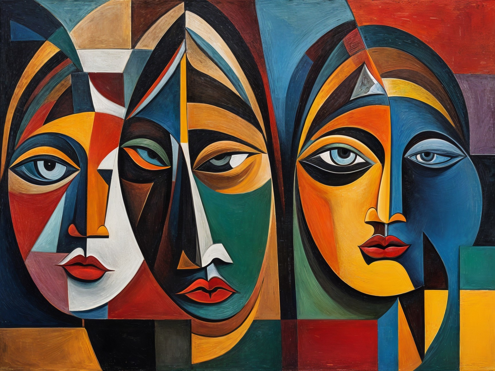 Three Stylized Female Faces in Bold Colors and Patterns