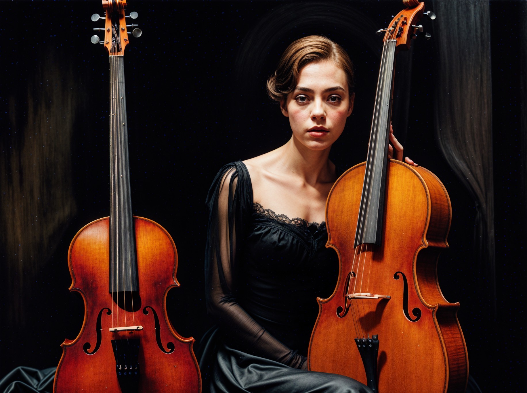 Elegant Woman in Black Gown with Violin and Cello