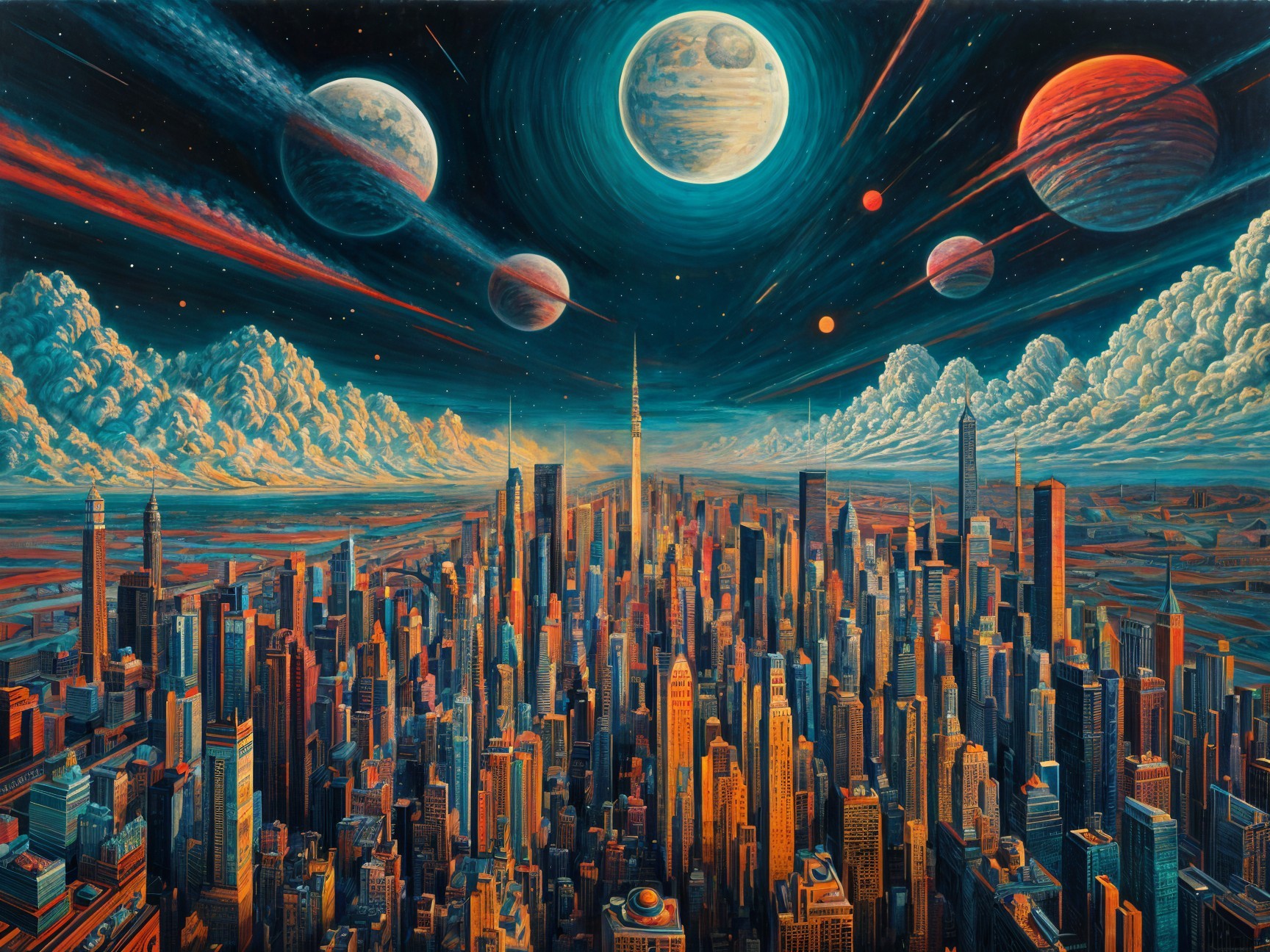 Futuristic cityscape under a cosmic sky with planets