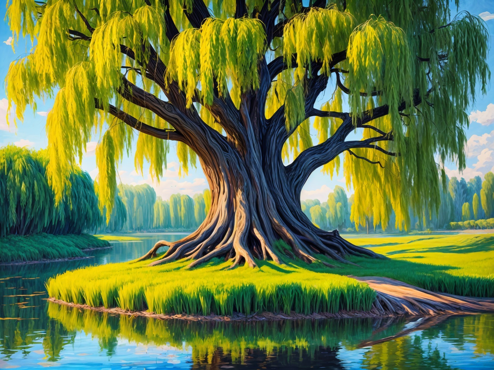 Majestic Willow Tree on a Serene Island Landscape