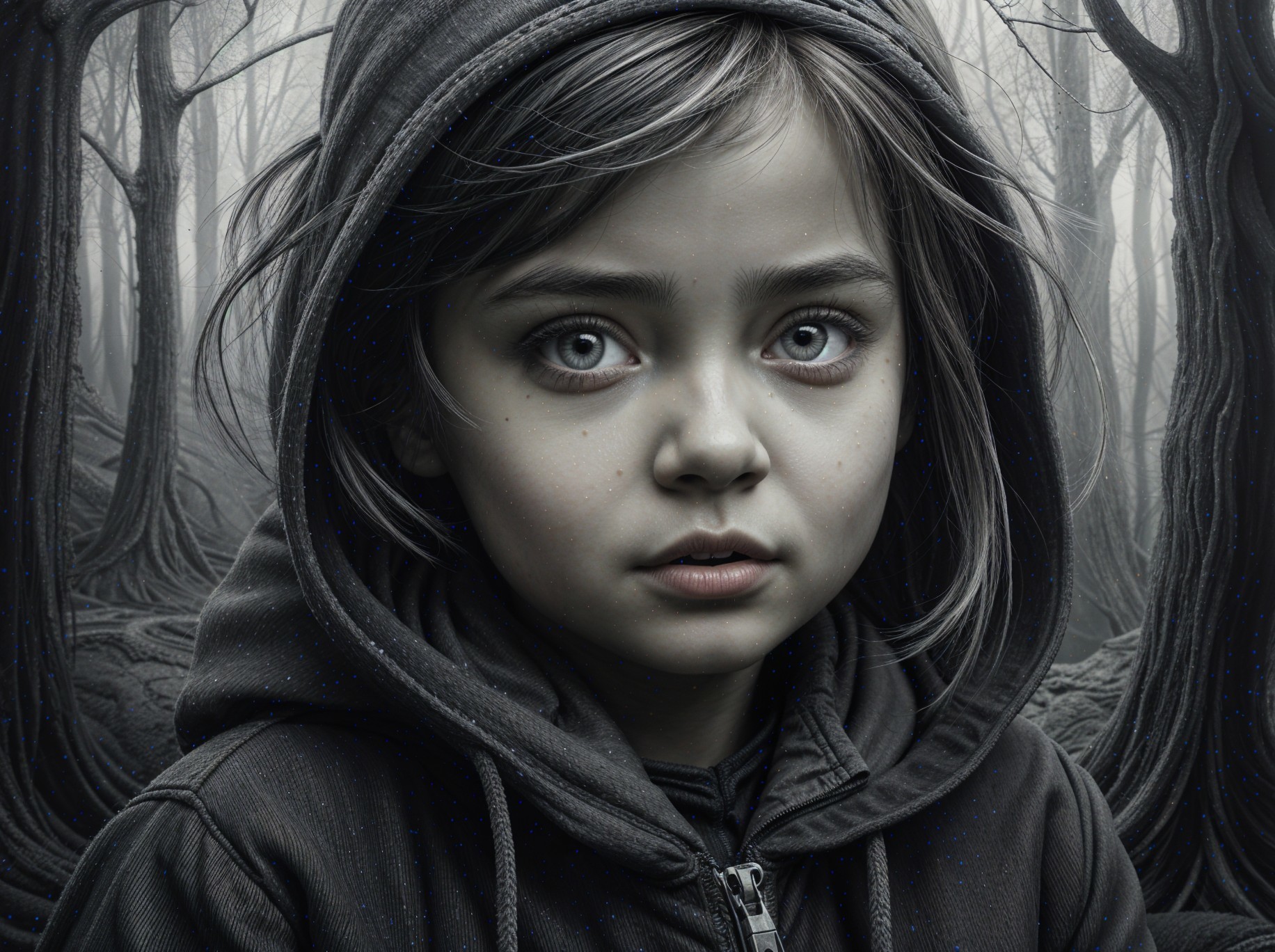 Child with Gray Eyes in Misty Forest Setting