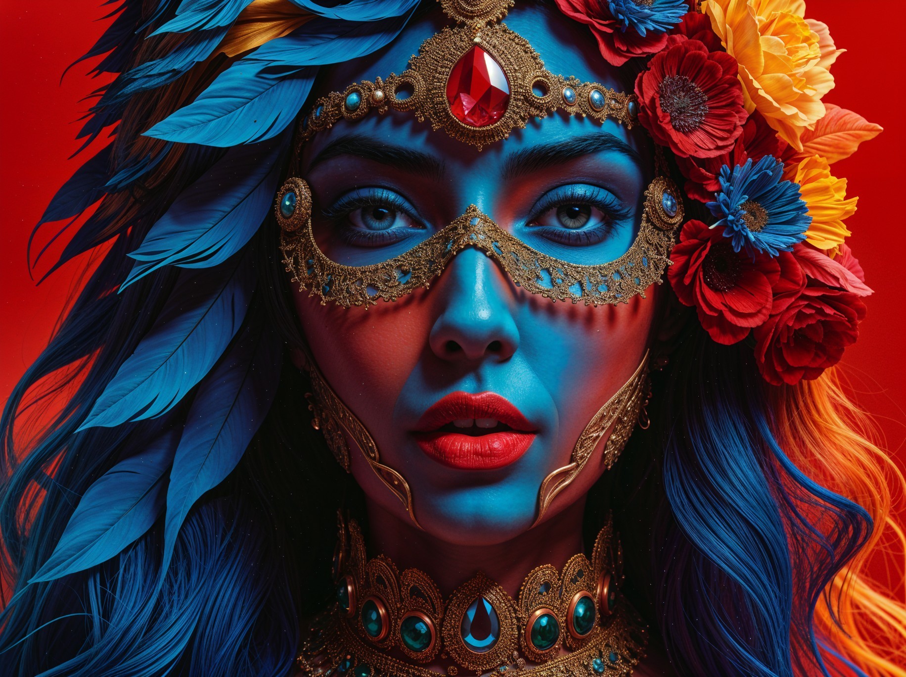 Portrait of a woman with blue face paint and mask