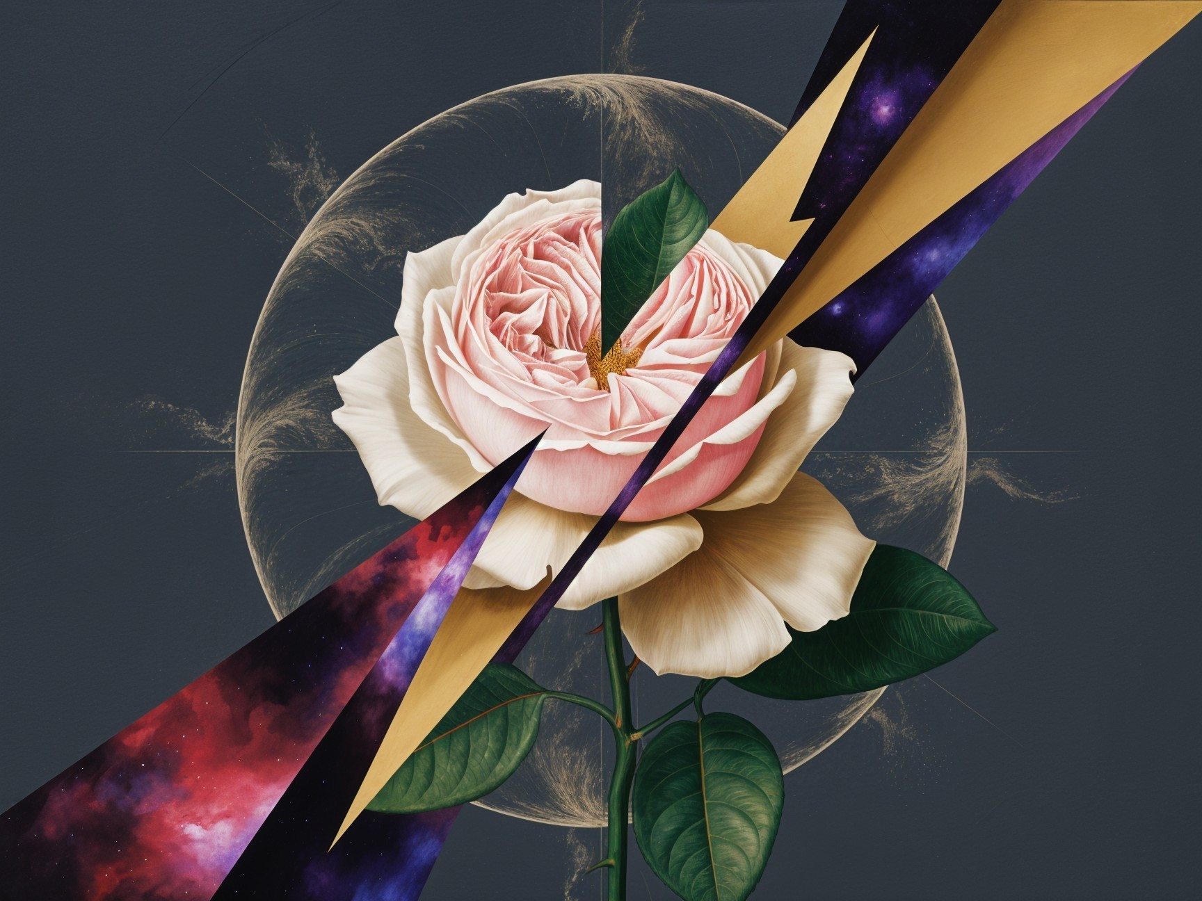 Detailed Pink Rose Surrounded by Abstract Patterns