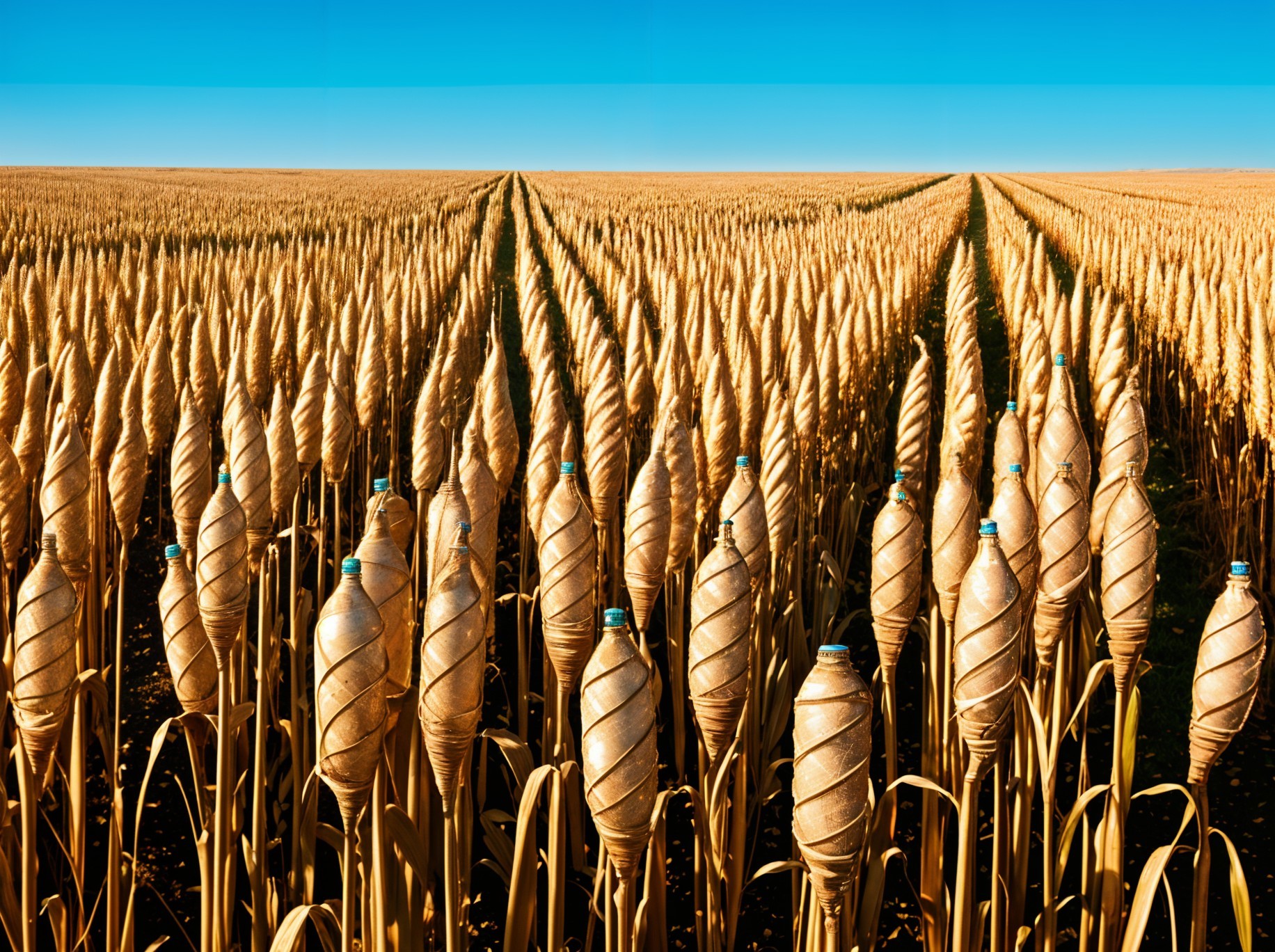 Golden Crop Field with Bottle-Like Structures