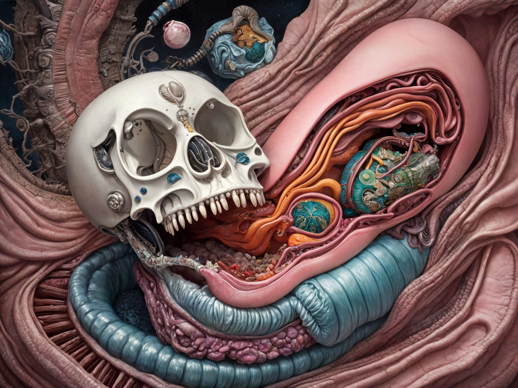 Surreal Anatomical Composition with Intricate Skull Design