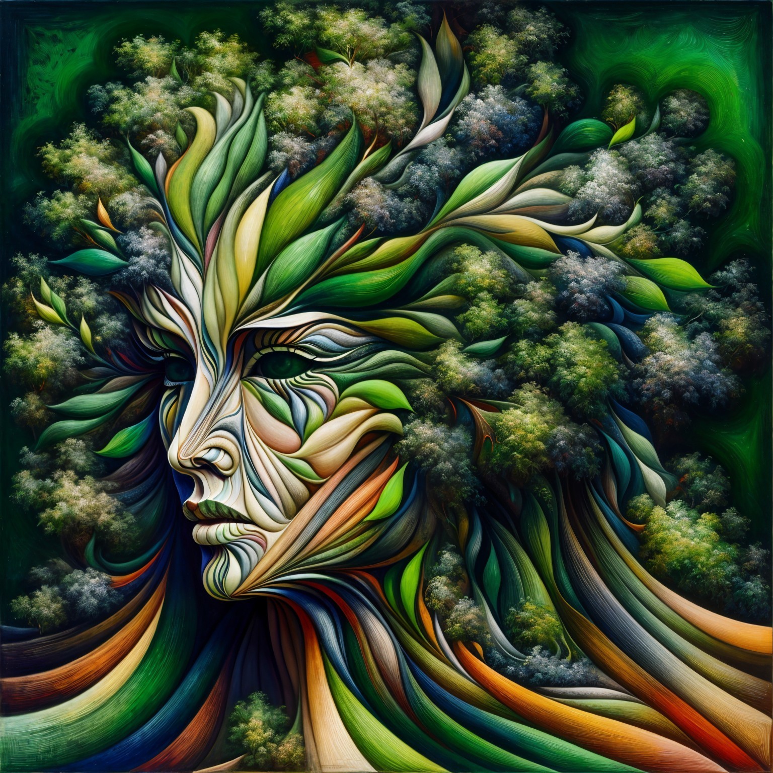 Stylized Face Entwined with Vibrant Leaves and Foliage