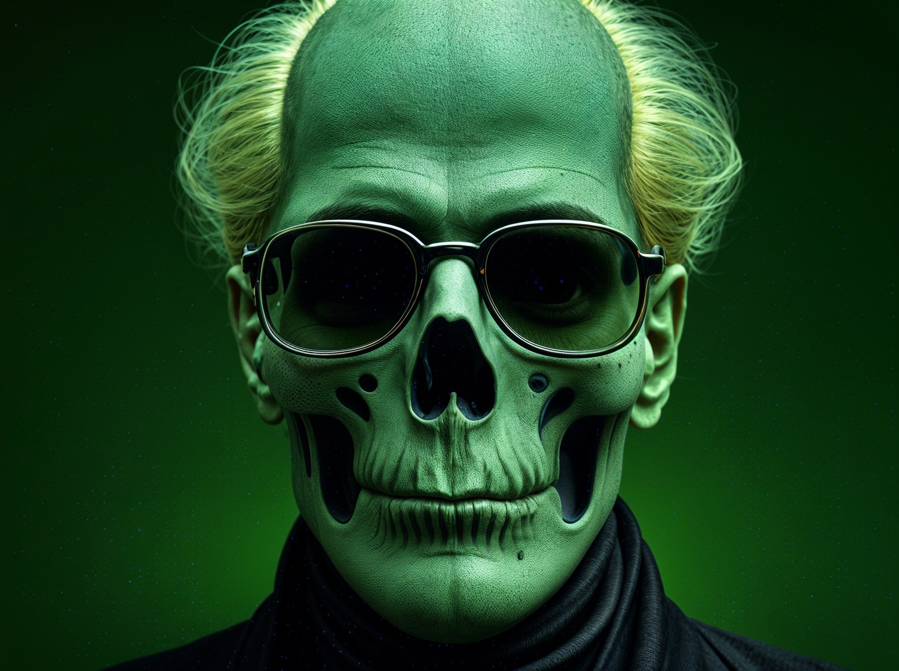 Stylized skeletal figure with vibrant green complexion