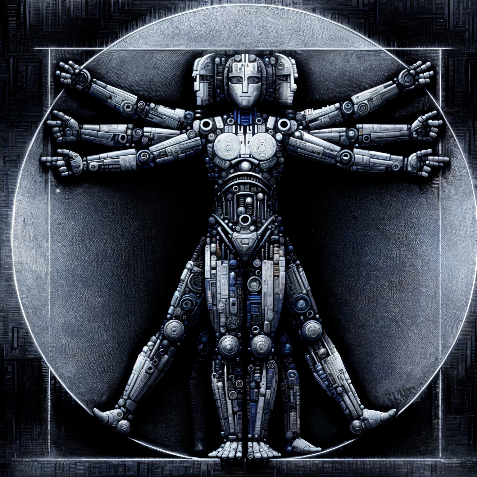 Futuristic Humanoid Figure in Vitruvian Design