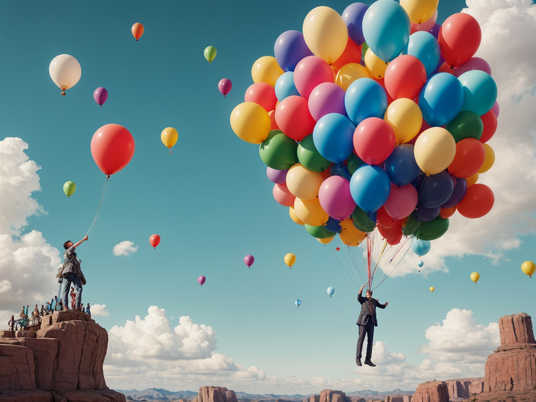 Whimsical Landscape with Balloons and Rock Formations