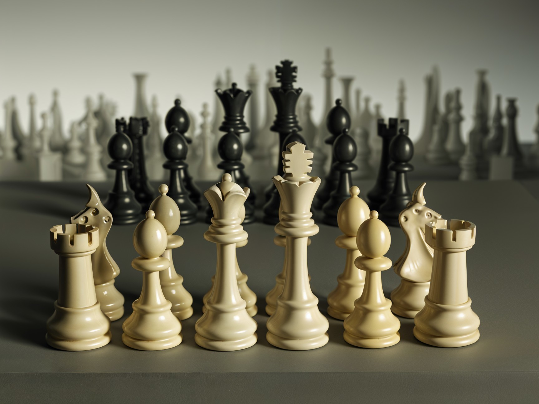 Elegant Chess Setup with Ivory and Black Pieces