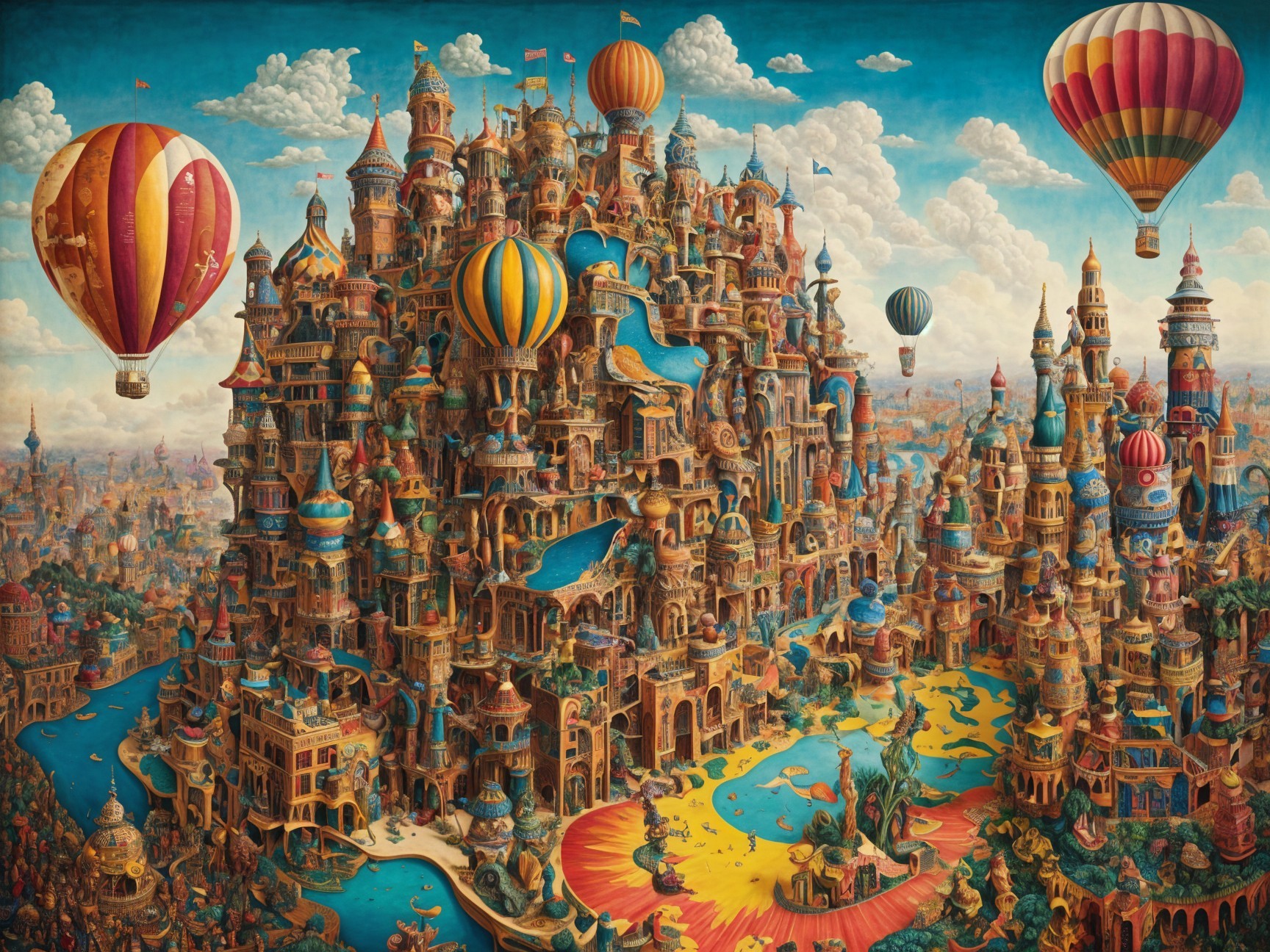 Whimsical Fantasy Cityscape with Colorful Balloons