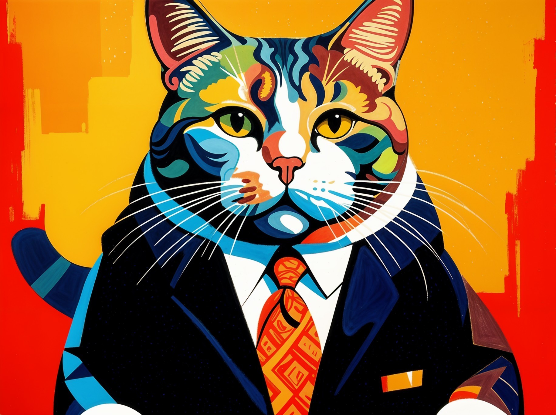 Colorful Portrait of a Cat in Suit and Tie