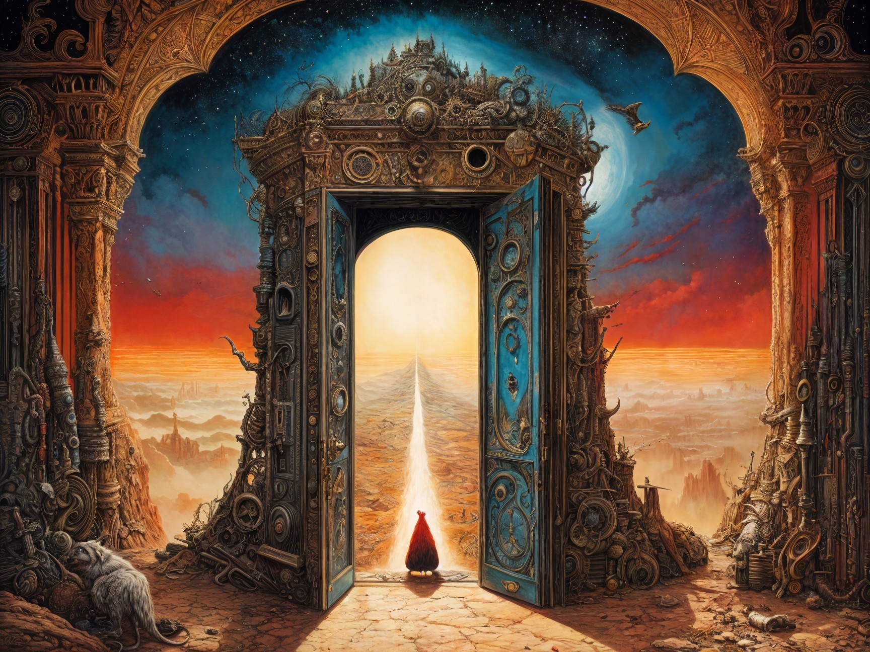 Grand Ornate Doorway to Vibrant Steampunk Pathway