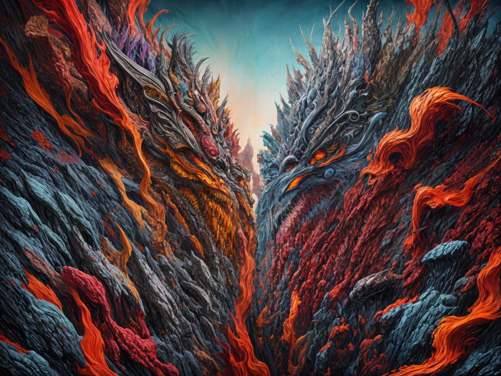 Dramatic Landscape with Majestic Dragons Facing Each Other