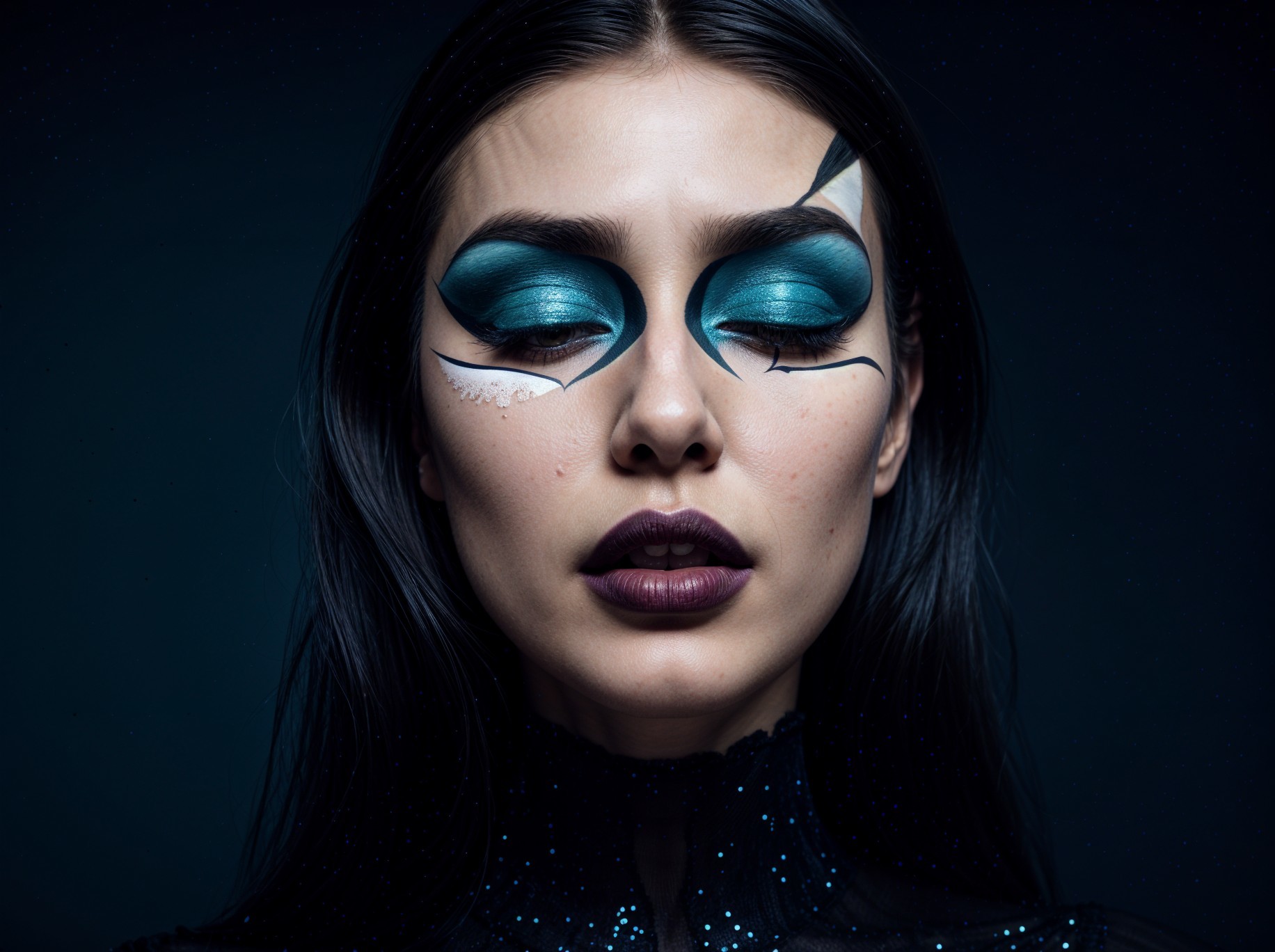 Woman with Bold Teal Makeup and Dark Hair