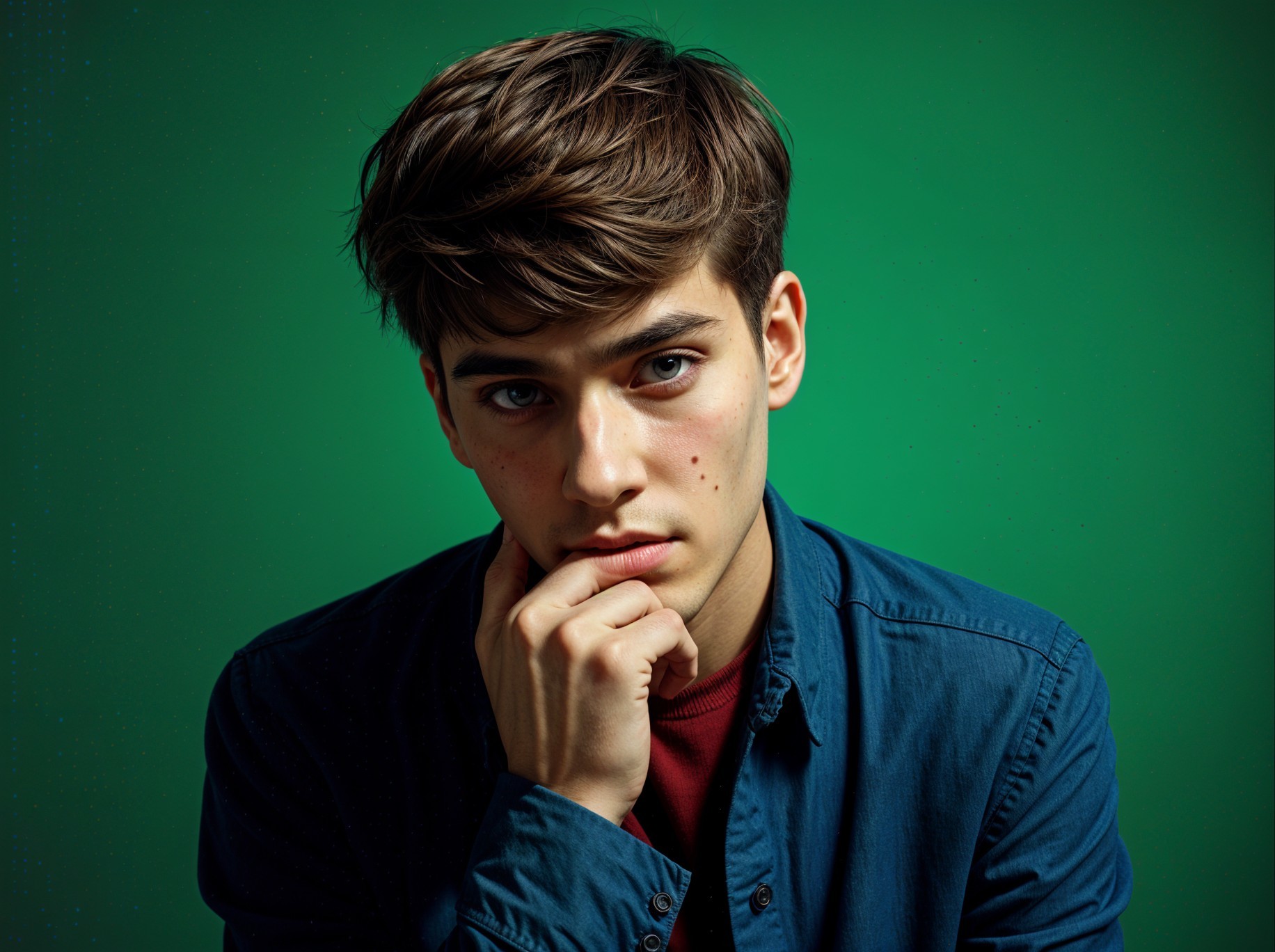 Young man in contemplative pose against green background