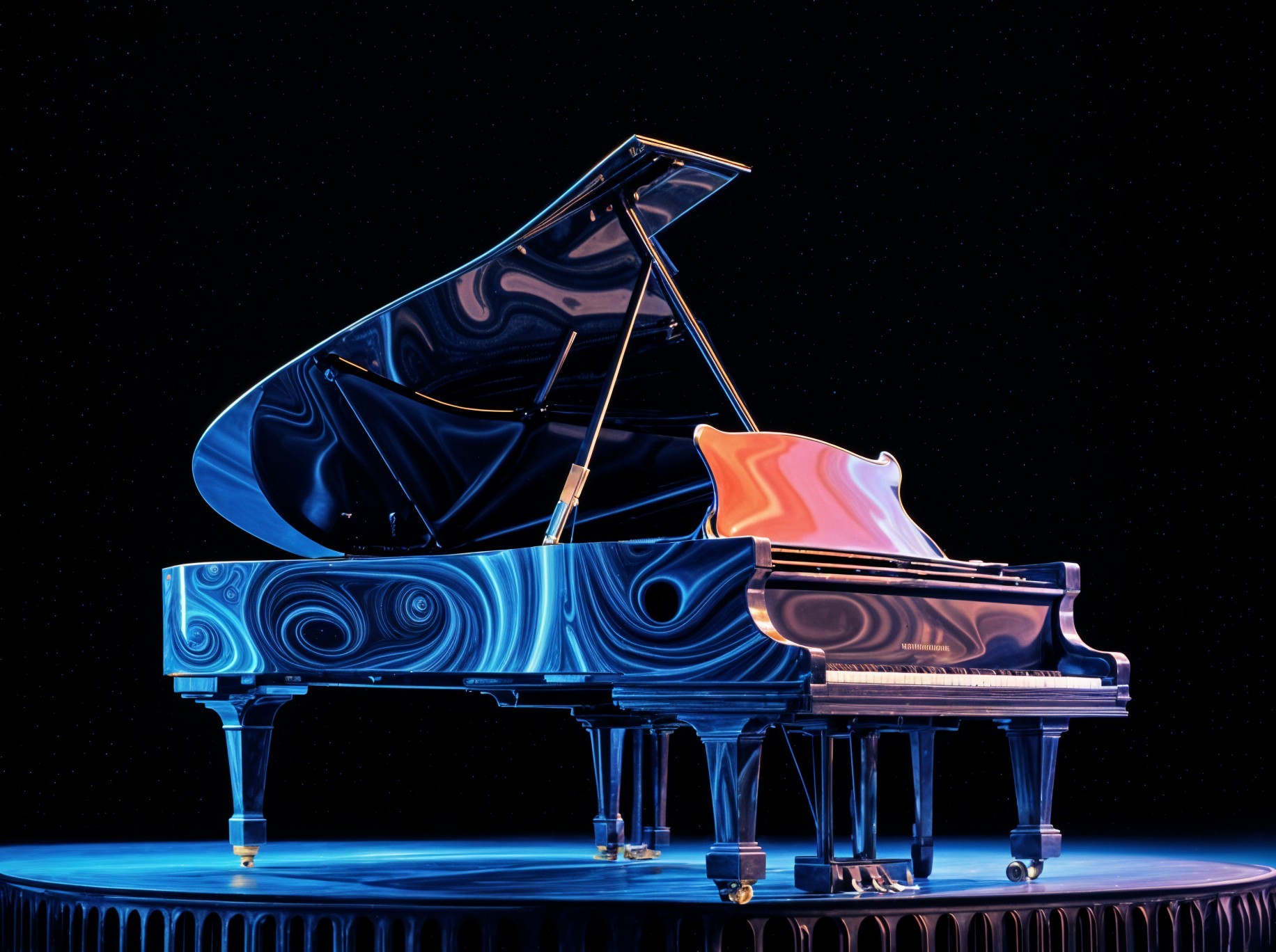 Grand piano on illuminated circular platform with swirls