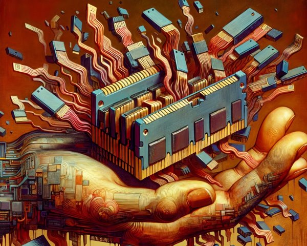 Artistic Hand Holding Computer Memory Chip with Swirls
